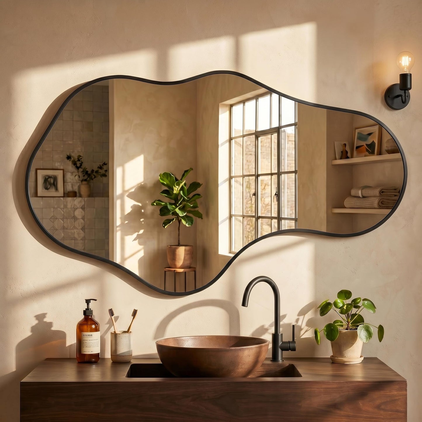 Fahomiss Irregular Wall Mirror, 22"x36" Black Abstract Asymmetrical Mirrors for Wall, Decorative Cloud Aesthetic Mirror for Bathroom, Bedroom, Cloakroom, Entryway, Shatter-Proof Aluminum Alloy Frame