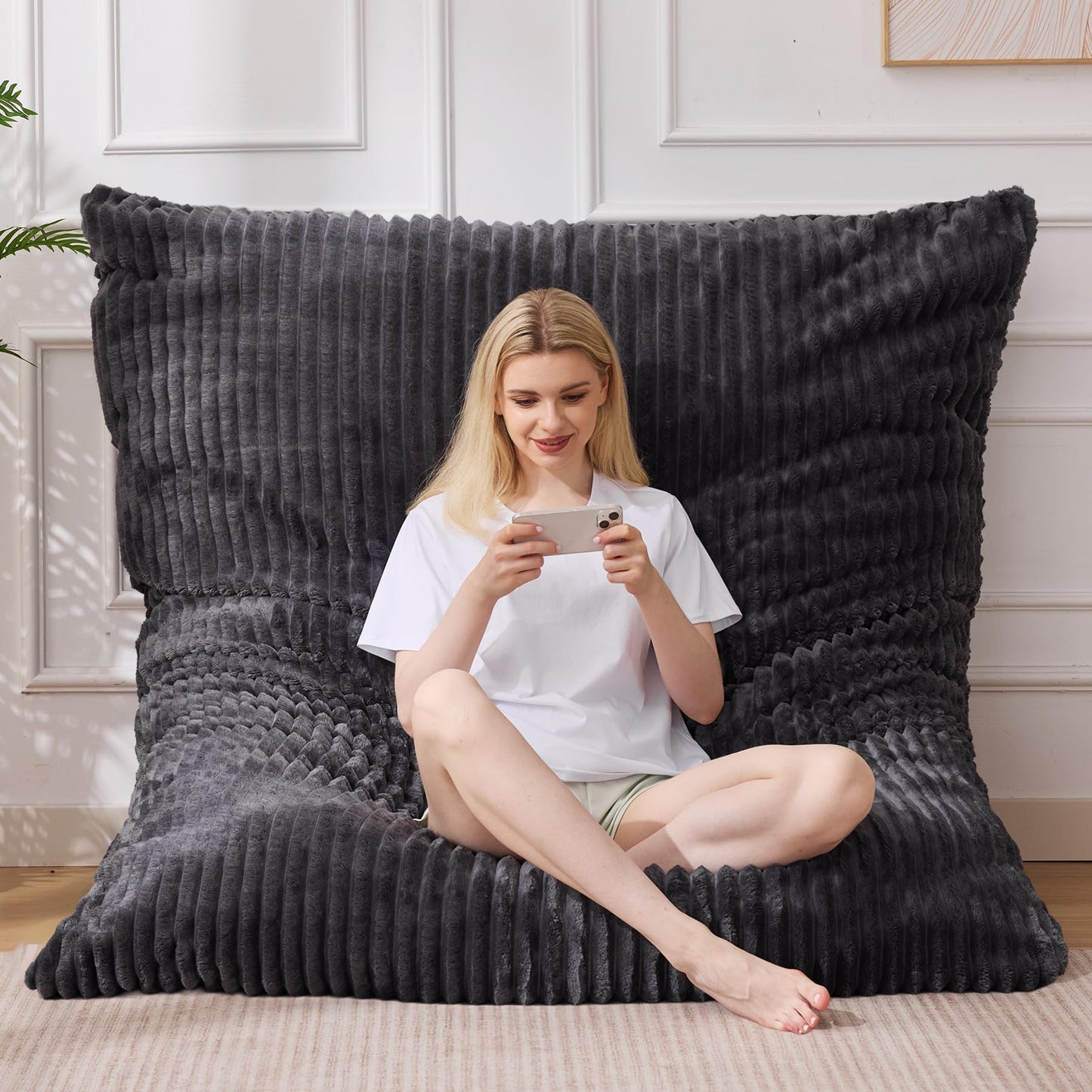 MuaMelop Bean Bag Chair, Giant Bean Bag Chair, 4 in 1 Convertible Beanbag Chairs for Adults with Removable Cover, Memory Foam Floor Cushions, Living Room, Bedroom, Dark Grey