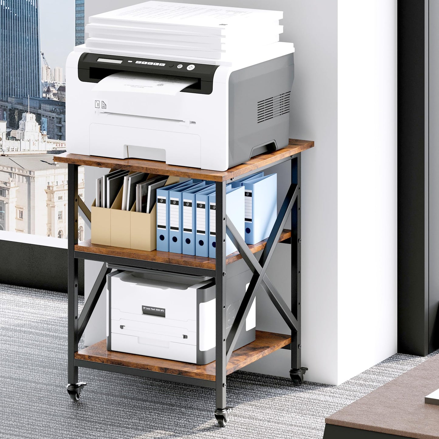 Ollieroo 3 Tier Printer Stand, Large Table with Wheels, Rolling Cart with Height Adjustable Middle Storage Shelf, 23.6 x 23.6 x 30.3 Inches Shelf for Home Office, Vintage Brown