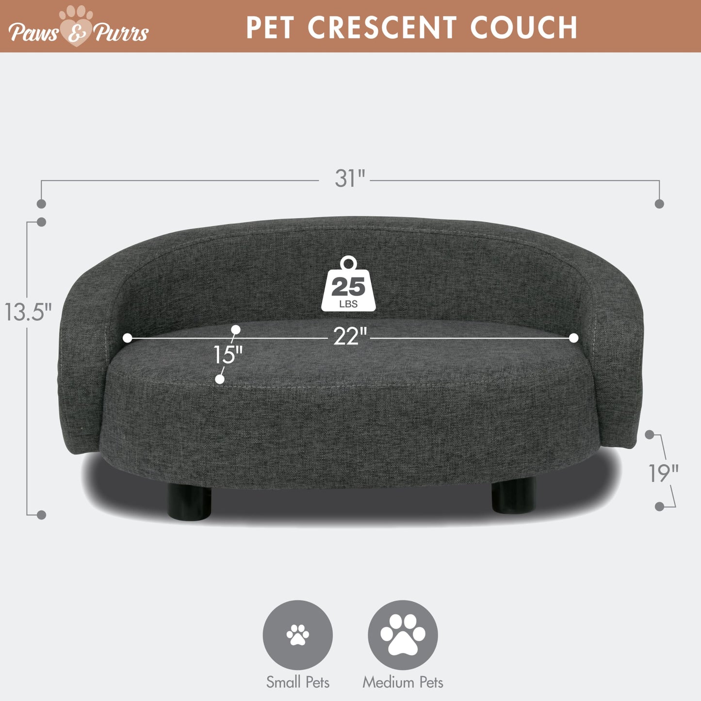 Paws & Purrs Arc Crescent Back Sofa Style Pet Bed, Dog & Cat Modern Couch with Tufted Cushion & Armrest, Stylish Indoor Pet Furniture, Dark Gray