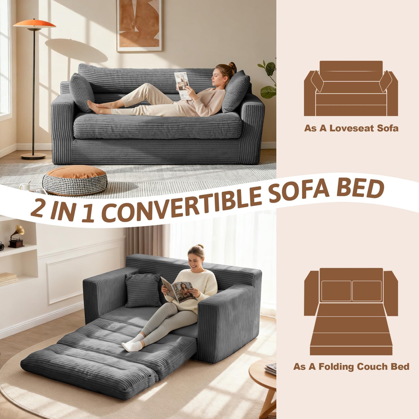 NLDD Convertible Sofa Bed, Fold Out Chair with Pillow, Versatile Floor Couch with Back Support, Portable Chair Bed Comfy Floor Lounge Sofa for Living Room Bedroom Guest Room, Grey