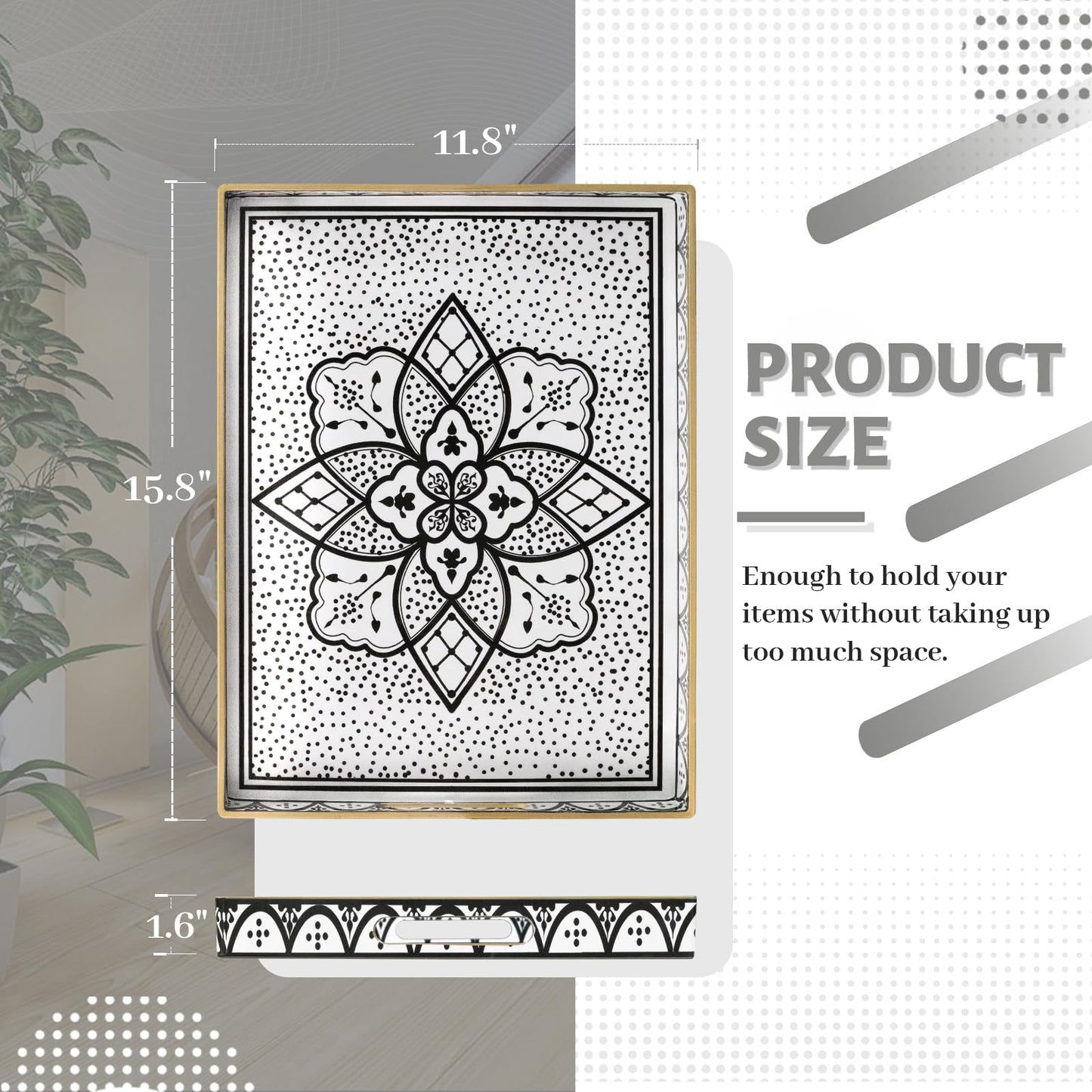 MAONAME Plastic Serving Tray with Handles, Modern Black Tray for Coffee Table, Rectangular Trays with Flower Pattern, Decorative Trays for Ottoman, 15.8" Lx 11.8" W X 1.6" H