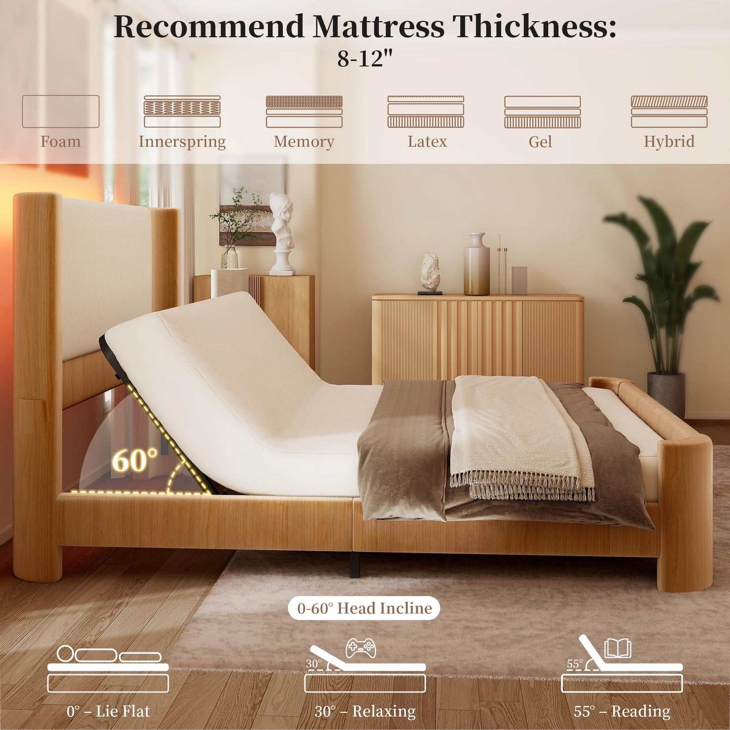 SIBEDS 18" H Full Adjustable Bed Frame with LED Light, Corduroy Headboard, Faux Leather Upholstered Platform Bed Frame, Dark Brown Oak Wood Grain Printed Finish, Zero Noise Quiet Motor, Head Incline