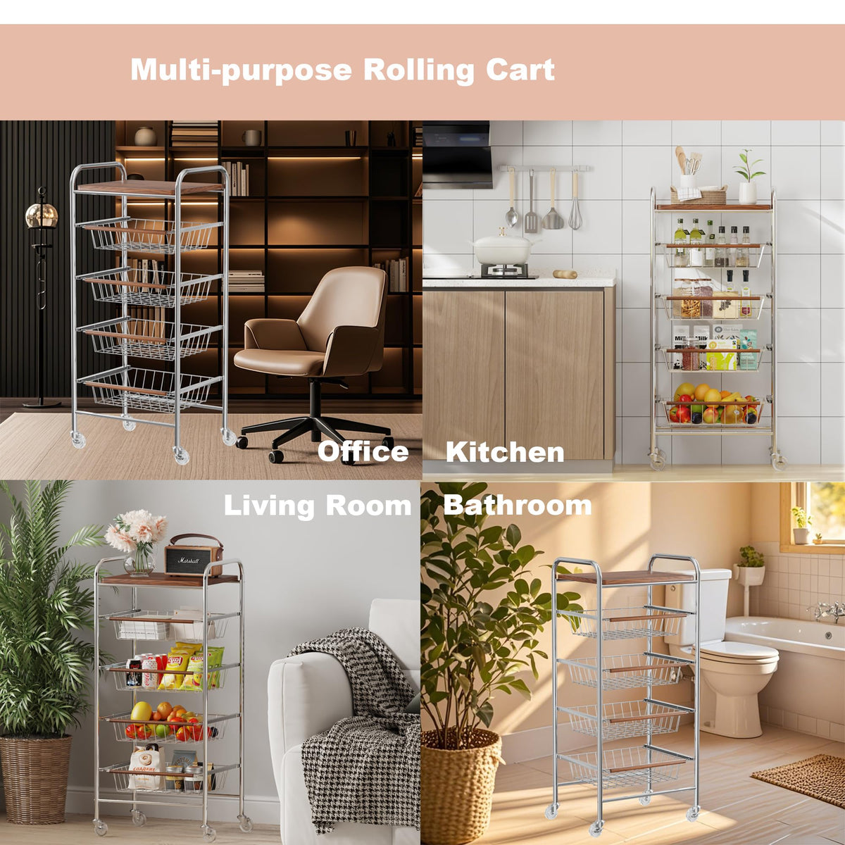 pochoio 5-Tier Rolling Cart for Storage and Organization - Heavy-Duty Carbon Steel Storage Trolley with Pull-Out Wire Baskets & Wood Top | Utility for Kitchen,Living Room,Office,Pantry,5.5x11x35inch