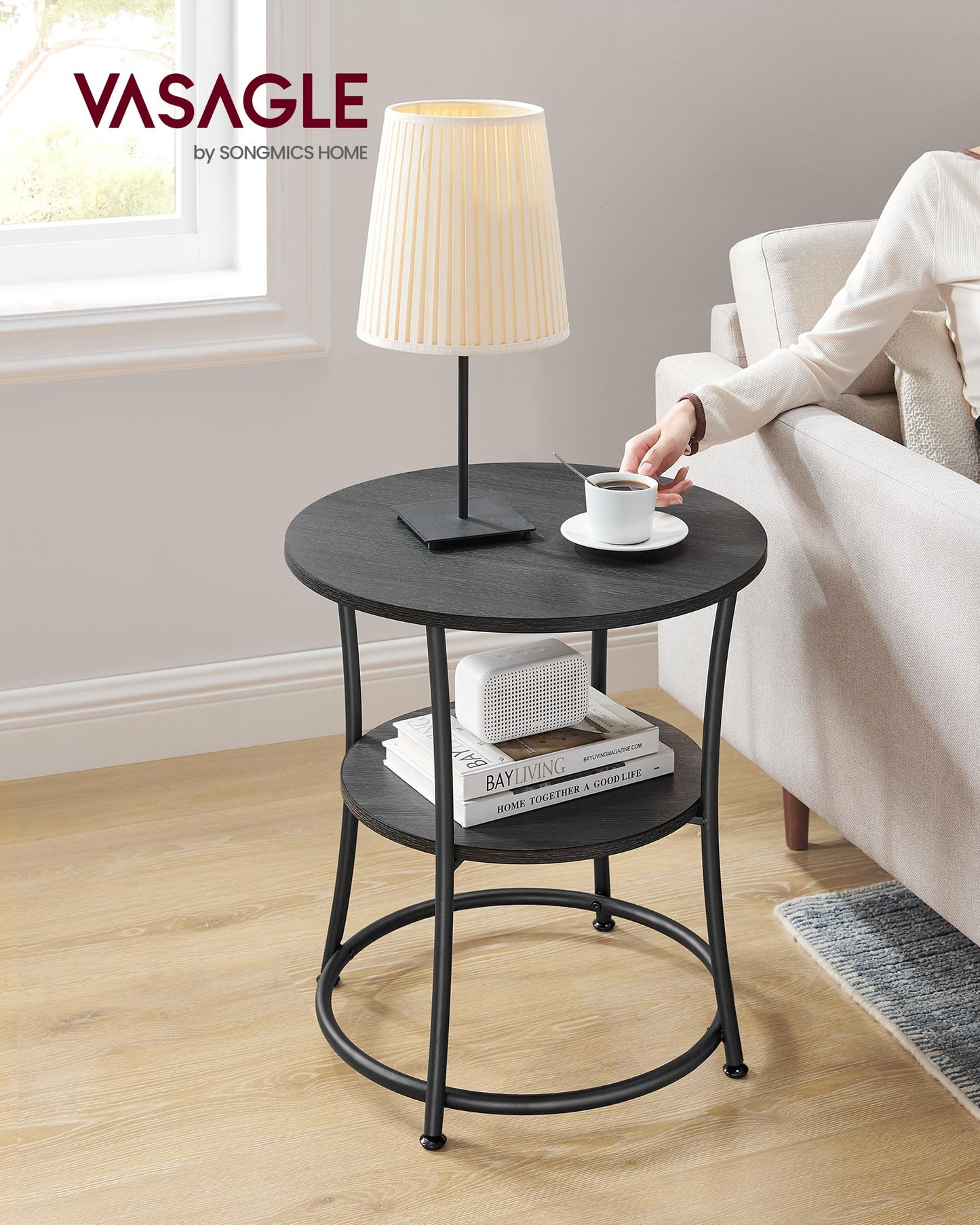 VASAGLE 21.7-Inch Round Side Table, 2-Tier End Table, Nightstand with Steel Frame, Spacious Top, for Small Spaces, Living Room, Bedroom, Charcoal Gray and Ink Black ULET056B22