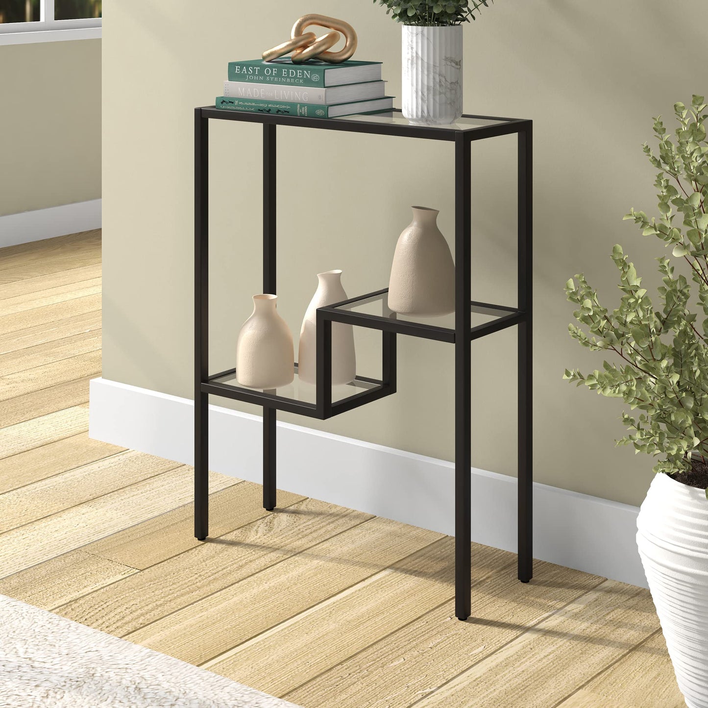Henn&Hart 22" Narrow Glass Rectangular Console Table Entryway Table, Sofa Table with Two-Tiered Glass Shelf for Entryway, Living Room, Couch, Hallway, or Office, Black