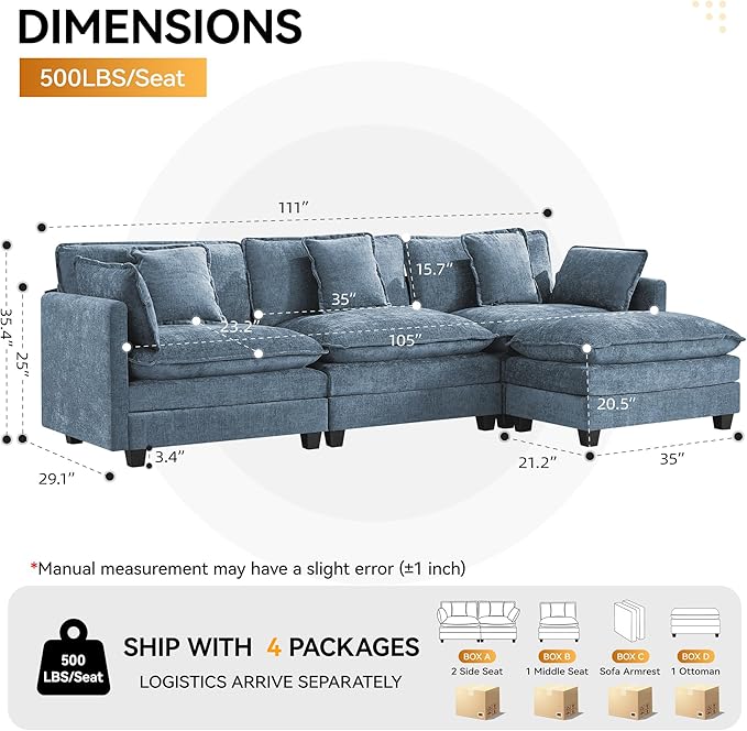 111'' Sectional Cloud Deep Seat Couch, Modern Comfy Chenille L Shaped Sectional