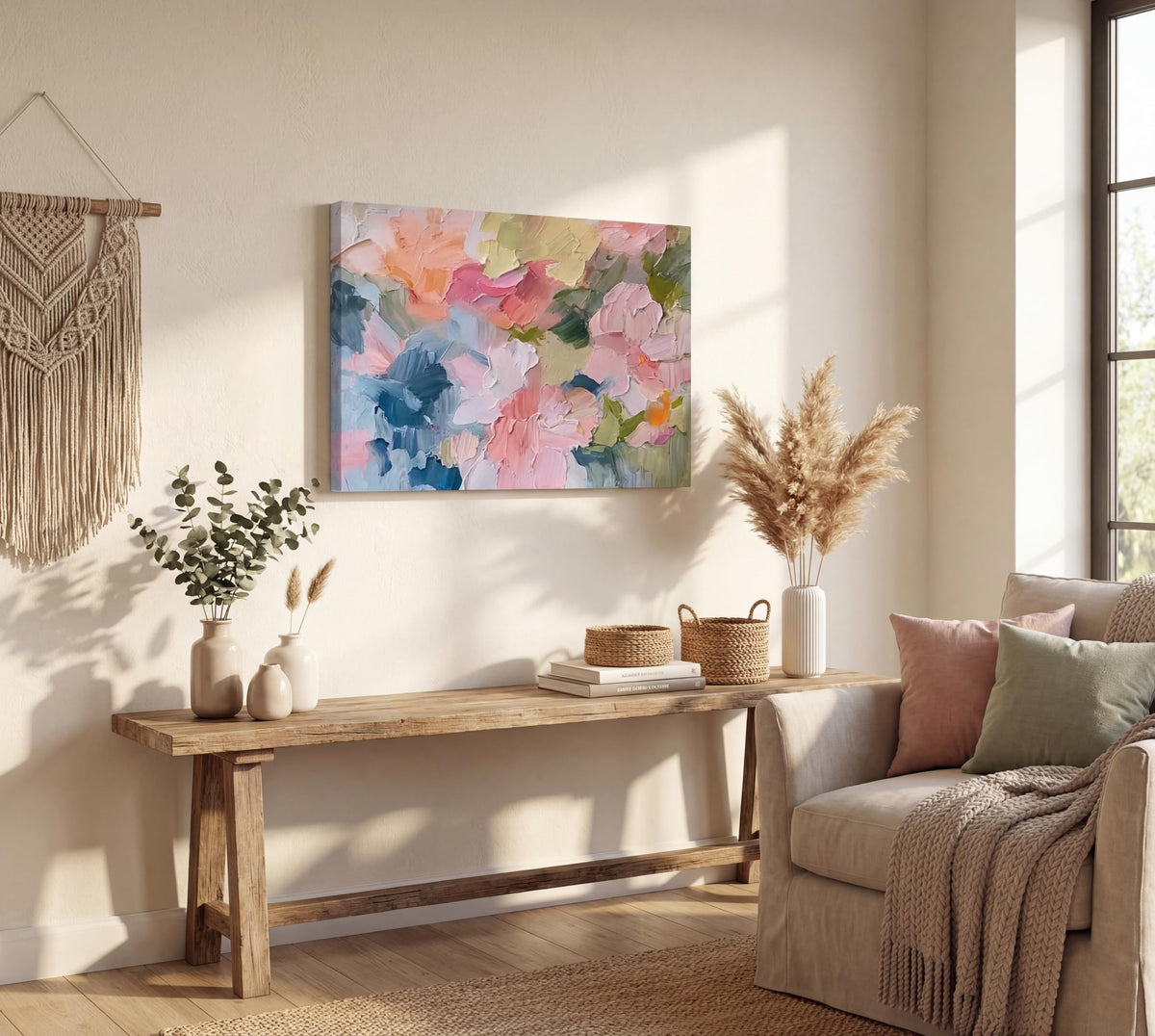 KKJ Pink Abstract Canvas Wall Art, Modern Colorful Oil Painting Style Print, Danish Pastel Palette Wall Decor, Ready to Hang, 12 x 16 Inches