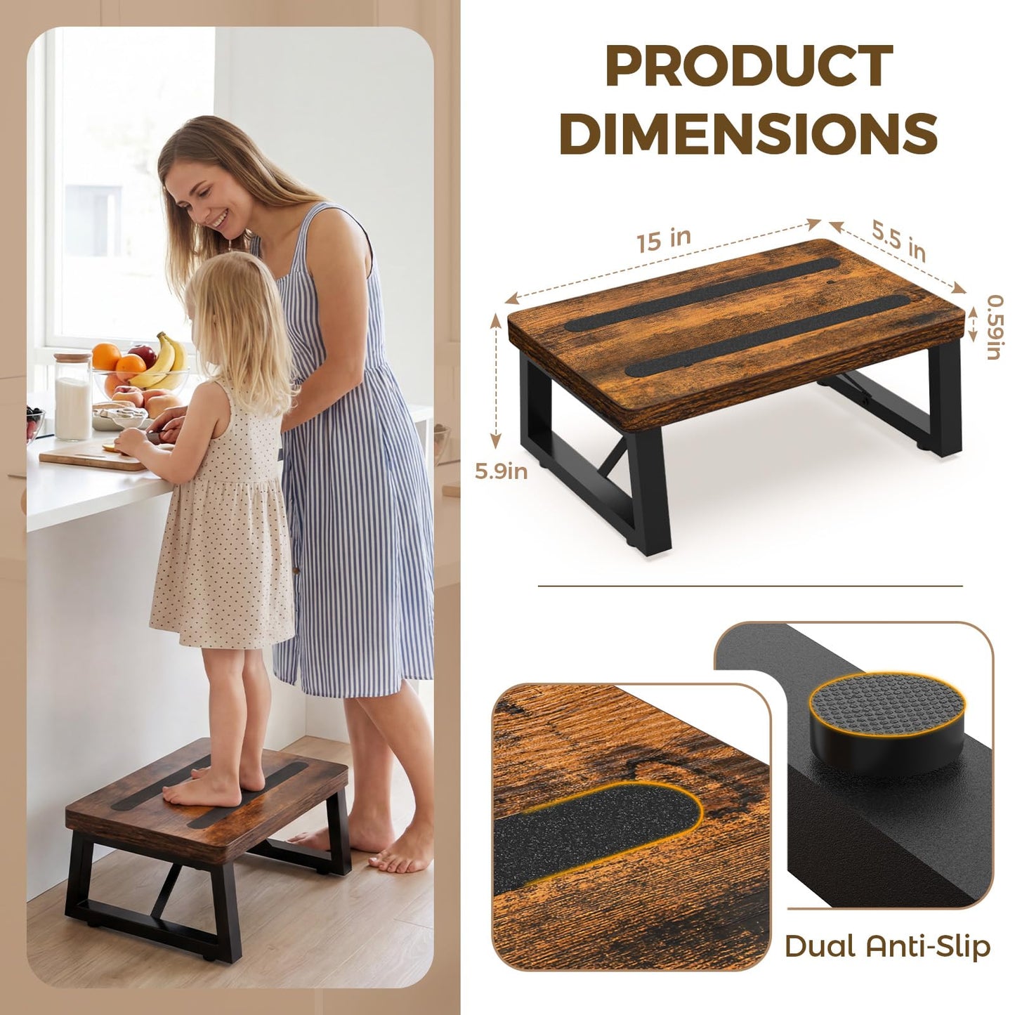 Step Stool, NomNest One Step Wooden Ladder Metal Foot Stool Small Kitchen Stool Helper for Toddler Adults, Ladder Chair for Home Bedside Bathroom Sink Potty