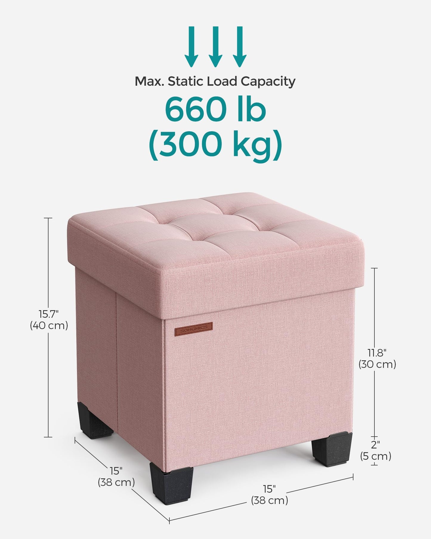 SONGMICS Storage Ottoman, Small Ottoman Foot Rest with Legs, 15 x 15 x 15.7 Inches Foot Stool, Load up to 660 lb, for Living Room, Bedroom, Dorm, Jelly Pink ULSF014P01