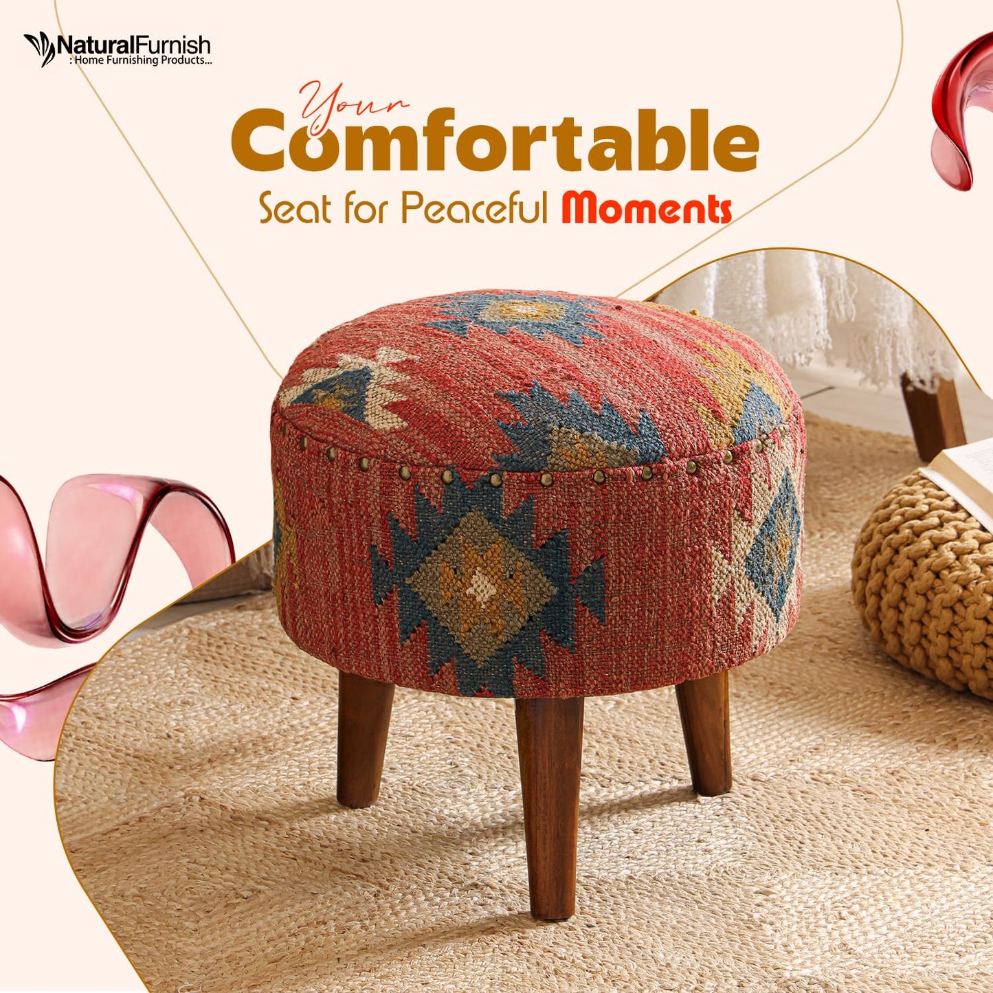 NATURAL FURNISH Handmade Kilim Jute Pouf Ottoman Stool | Round Upholstered Seating with Acacia Wood Legs | Decorative Foot Rest for Living Room, Bedroom, Reading Room & Lounge (Red)