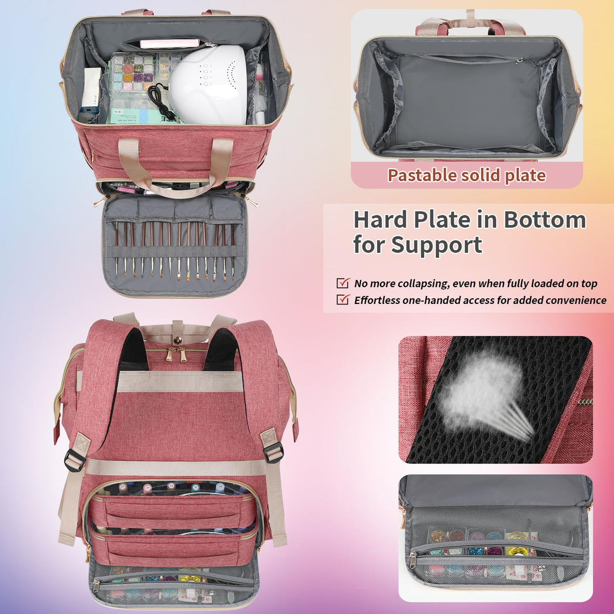 LTINVECK Nail Polish Organizer Case Backpack Holds 70 Bottles (15ml/0.5fl.oz)& Nail Lamp, 2 Layers Detachable Nail Kit Storage Case, Large Travel Nail Supplies Shoulder Bag for Manicure Tools (Pink)