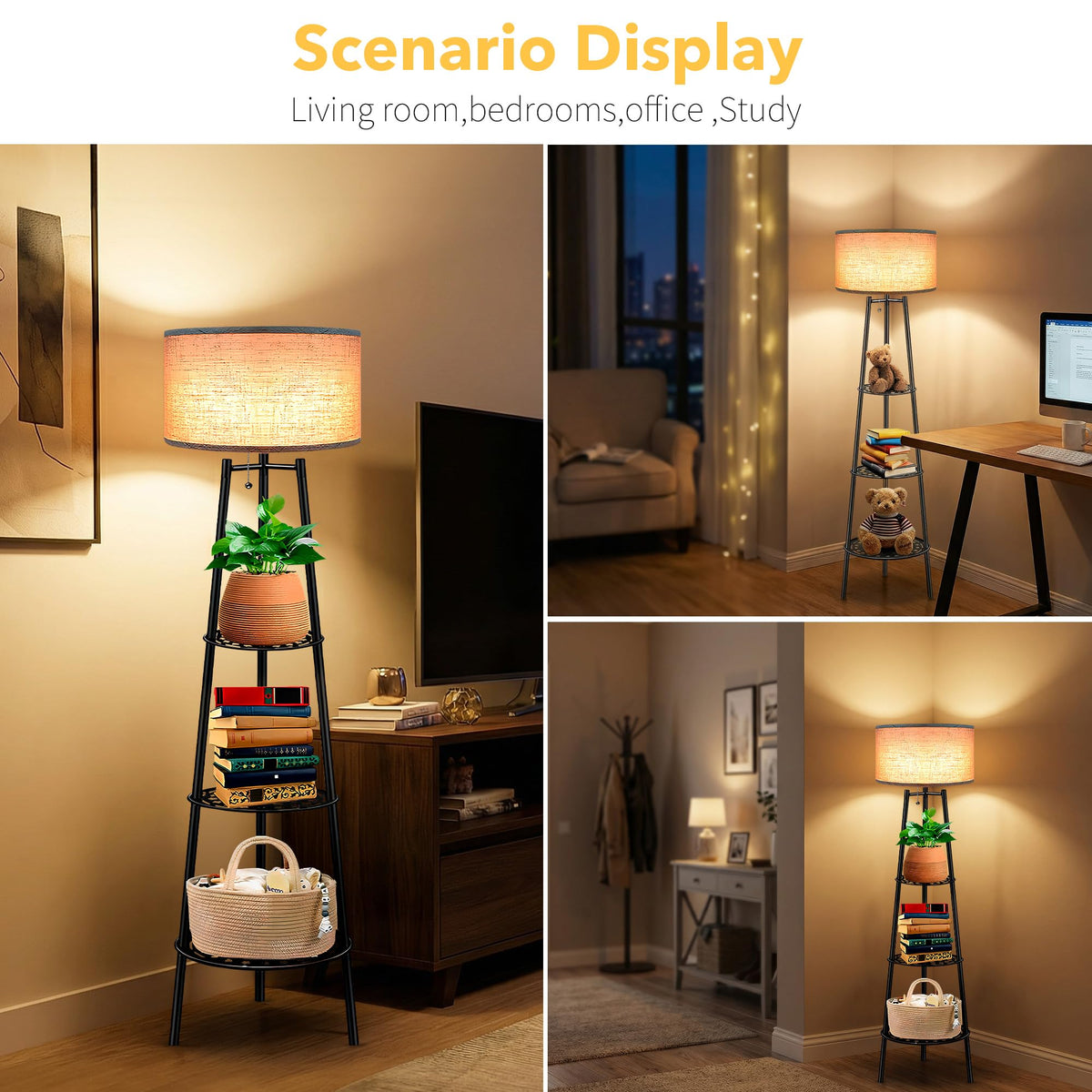 ZQQLITE Floor Lamp with Shelves for Living Room， Standing Lamp，Tall Lamp， Amparas Elegantes para Sala with Linen Shade，Modern Floor Lamp for Living Room，Bedroom or Office（Black ）