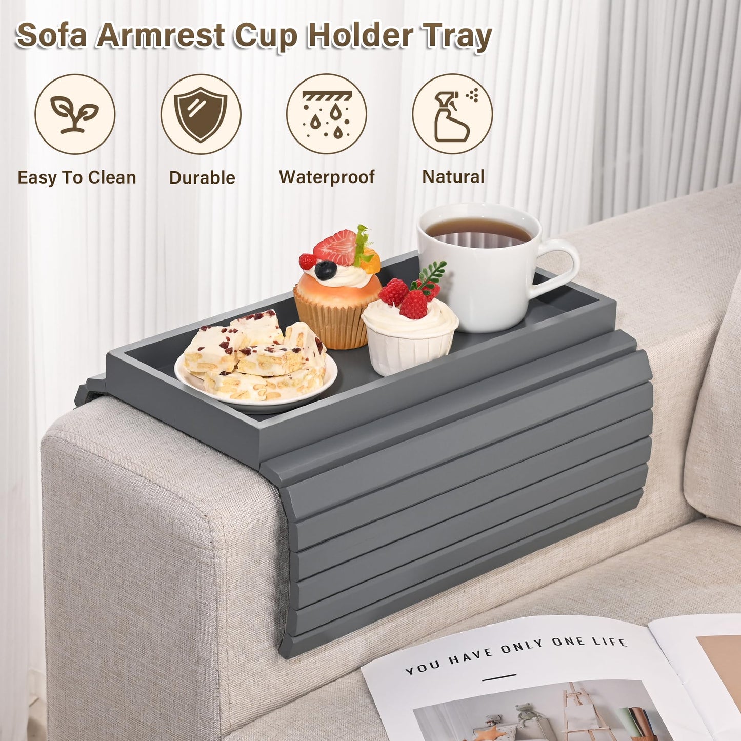 YUBAMIN Bamboo Sofa Arm Tray, Anti-Dropping Couch Arm Tray, Foldable Sofa Armrest Tray Couch Arm Table for Eats, Drinks, Snacks, Remote, Cellphone, Cup Holder, Back Anti-Slip Pad Design