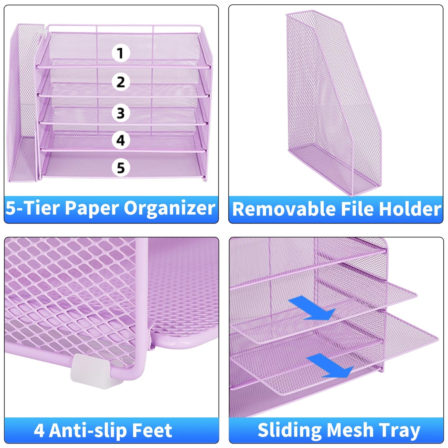 OPNICE Desk Organizer, 5-Tier Paper Organizer Letter Tray with Magazine Holder, Office Desk Accessories & Workspace Organizers, Desktop File Organizer for Office Supplies Storage, Purple