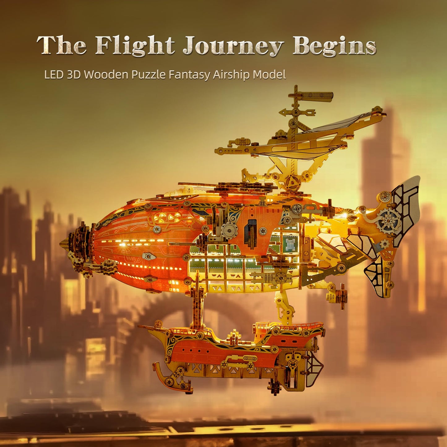 FUNPOLA LED 3D Wood Puzzle Fantasy Airship Model - Steampunk DIY Craft Kit with LED Lights – Intricate Wooden Airship Model Building Set for Teens and Adults(Orange)