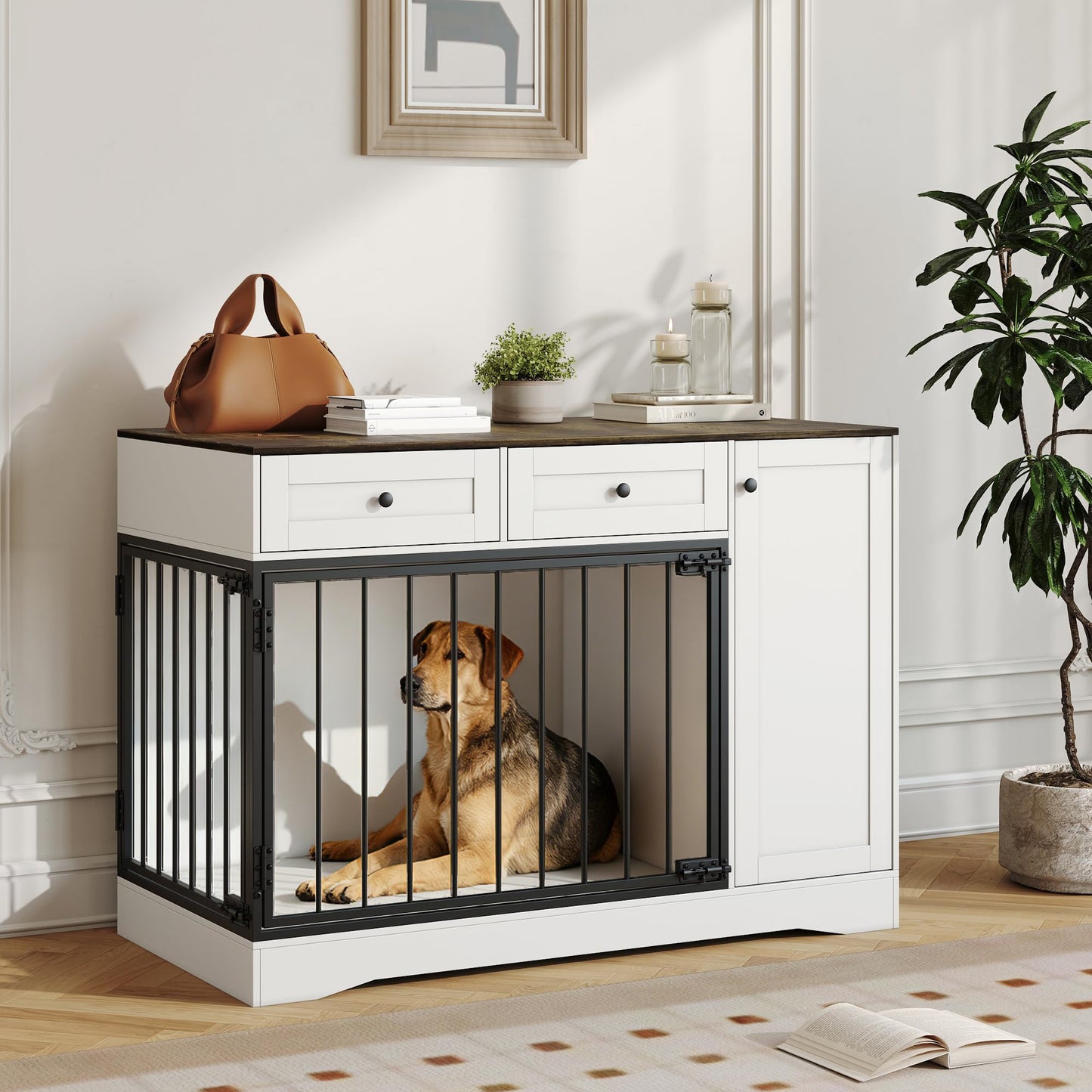 47'' Farmhouse Dog Crate Furniture & TV Stand with Double Doors, Modern Indoor Kennel Dog Cage Buffet Cabinet Side End Table with 2 Drawers and Storage Cabinet for Small Medium Dogs Pet House