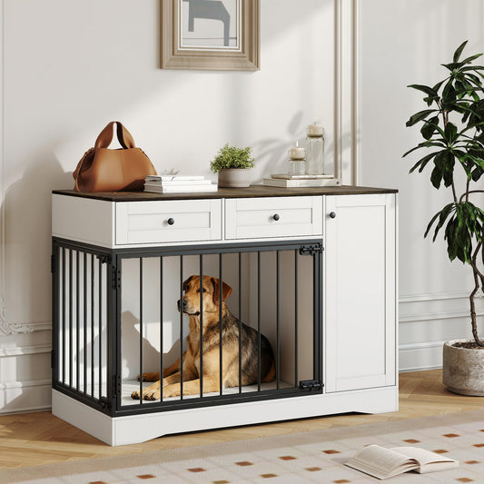 47'' Farmhouse Dog Crate Furniture & TV Stand with Double Doors, Modern Indoor Kennel Dog Cage Buffet Cabinet Side End Table with 2 Drawers and Storage Cabinet for Small Medium Dogs Pet House