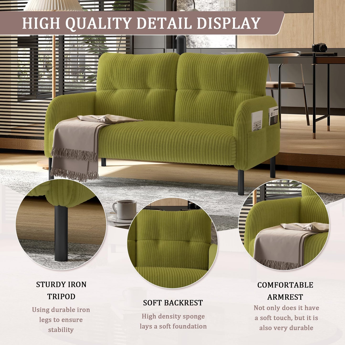 KEIKI 47" Corduroy Loveseat Sofa with Double Side Pockets & High Resilience Cushion, Modern Style Ergonomic Design Upholstery Oversized 2-Seater Couch, Easy Assembly, for Living Room, Olive Green