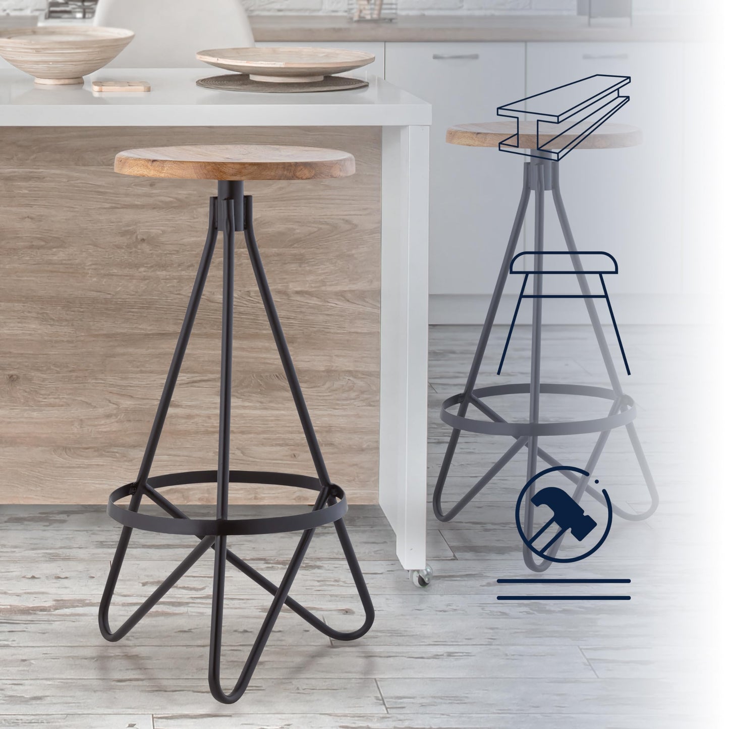 JONATHAN Y Spiroa 30" Modern Wood Backless Bar Stool, Natural Brown & Black Iron Hairpin Leg Bar Chair with Footrest for Kitchen Island and Home Bar, Minimalist Design BSL1000E