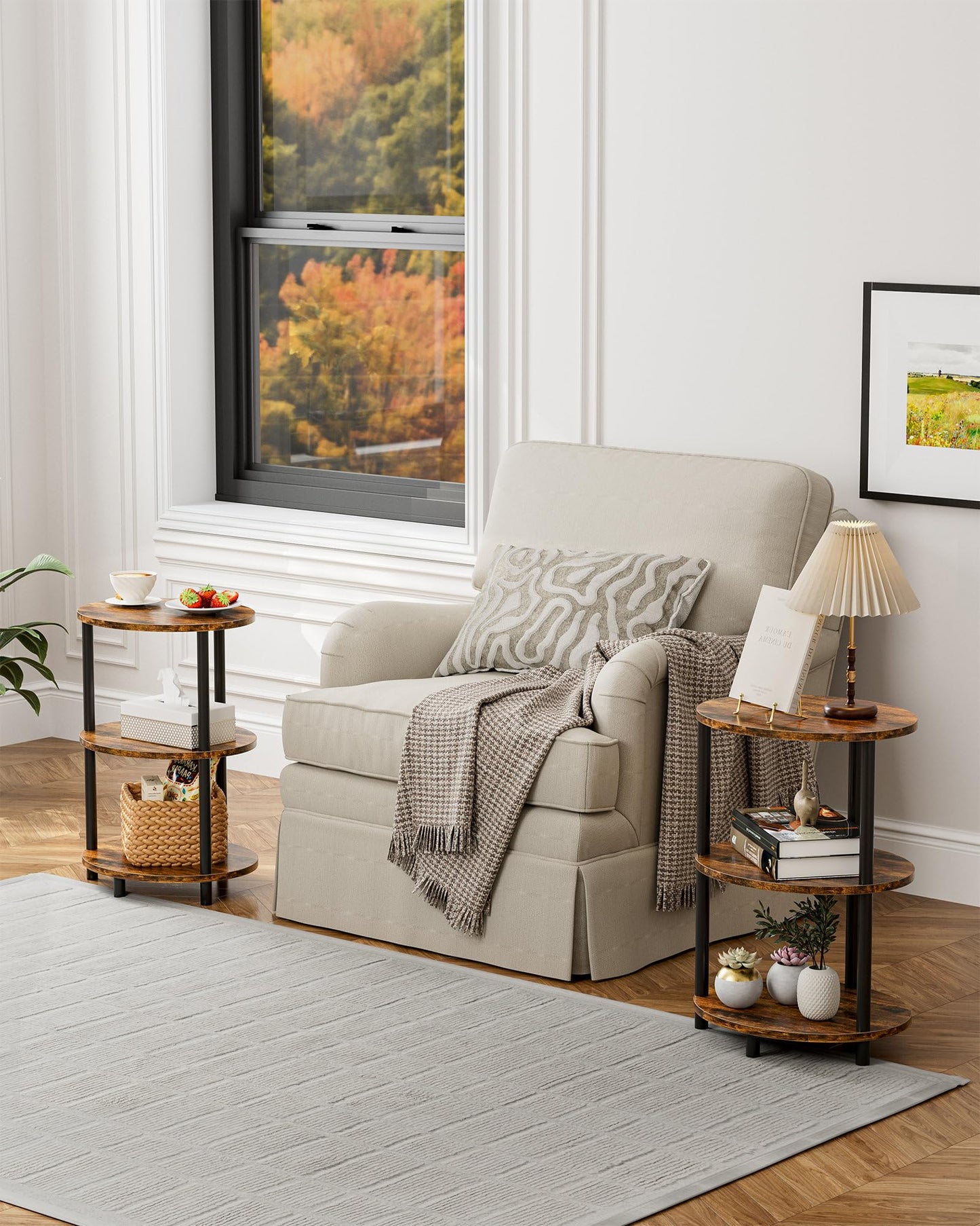 RISWER Round Small Side Table - 3 Tier Oval Accent Table for Small Spaces, Rustic Wood and Metal Couch End Table, Nightstand for Bedroom or End Table Living Room, Easy to Assemble, Rustic Brown
