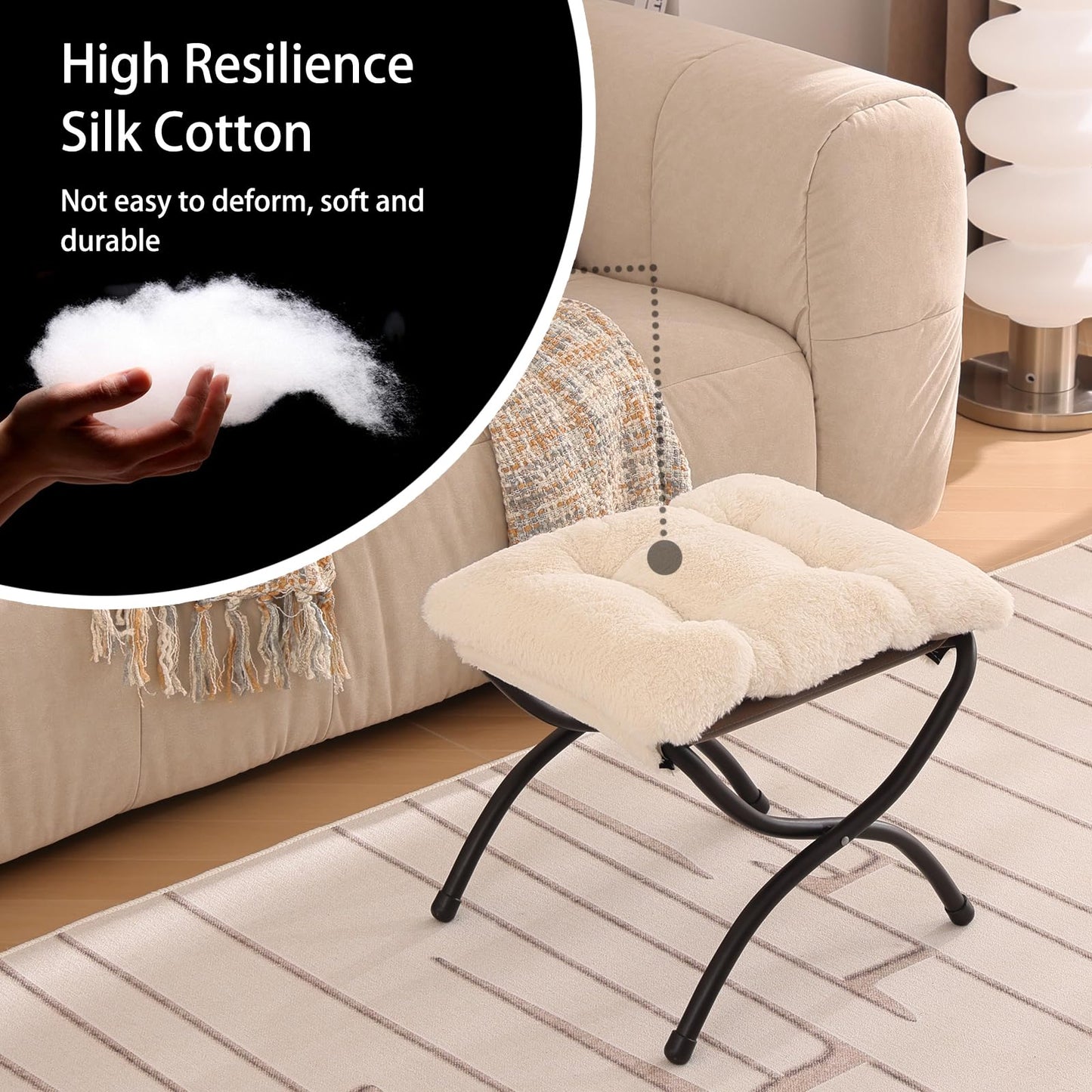Welnow Folding Foot Stool, Upholstered Small Accent Ottoman with Detachable Thick Cotton Cushion Padded Sofa Stool and Metal Frame for Lazy Chair, Living Room, Bedroom, Plush Beige