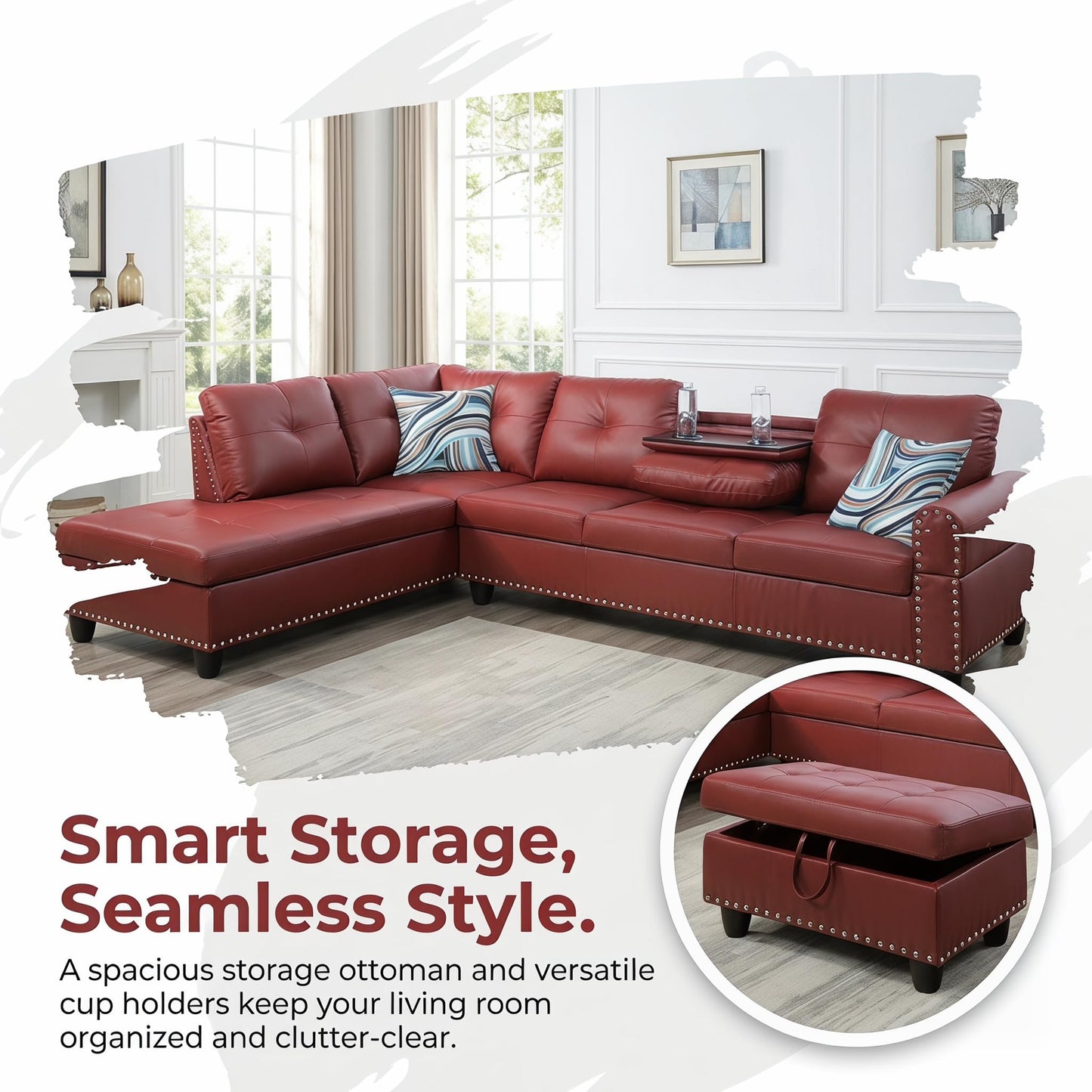 Topcomfy 97.5" Red L Shaped Couch Set Leather, Modular Sectional Couches for Living Room with Storage Ottoman, 4 Seat Home Sofa Living Room Furniture Sets with Chaise for Apartment Office