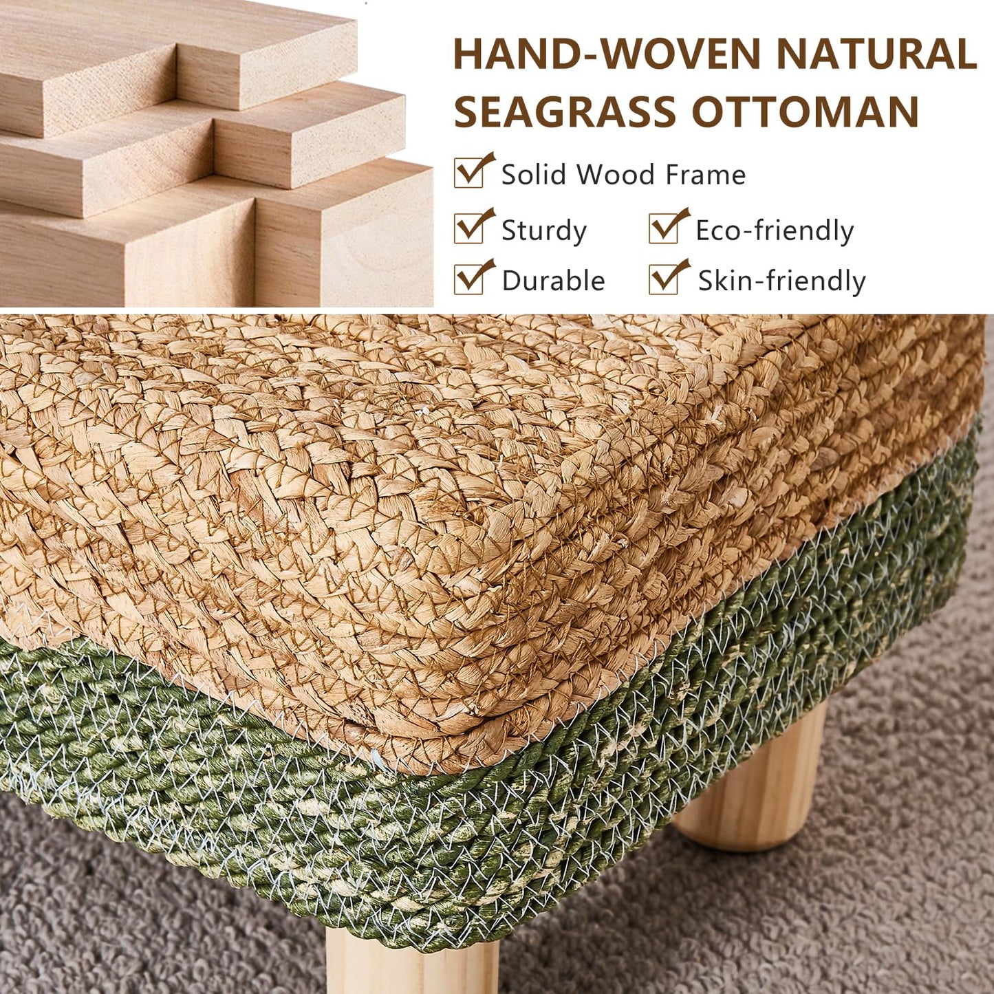 Wimarsbon Natural Seagrass Footstool Ottoman Rectangular Footrest Pouf Ottomans with Wooden Legs Hand Weave Step Stool for Living Room Bedroom Entryway Green