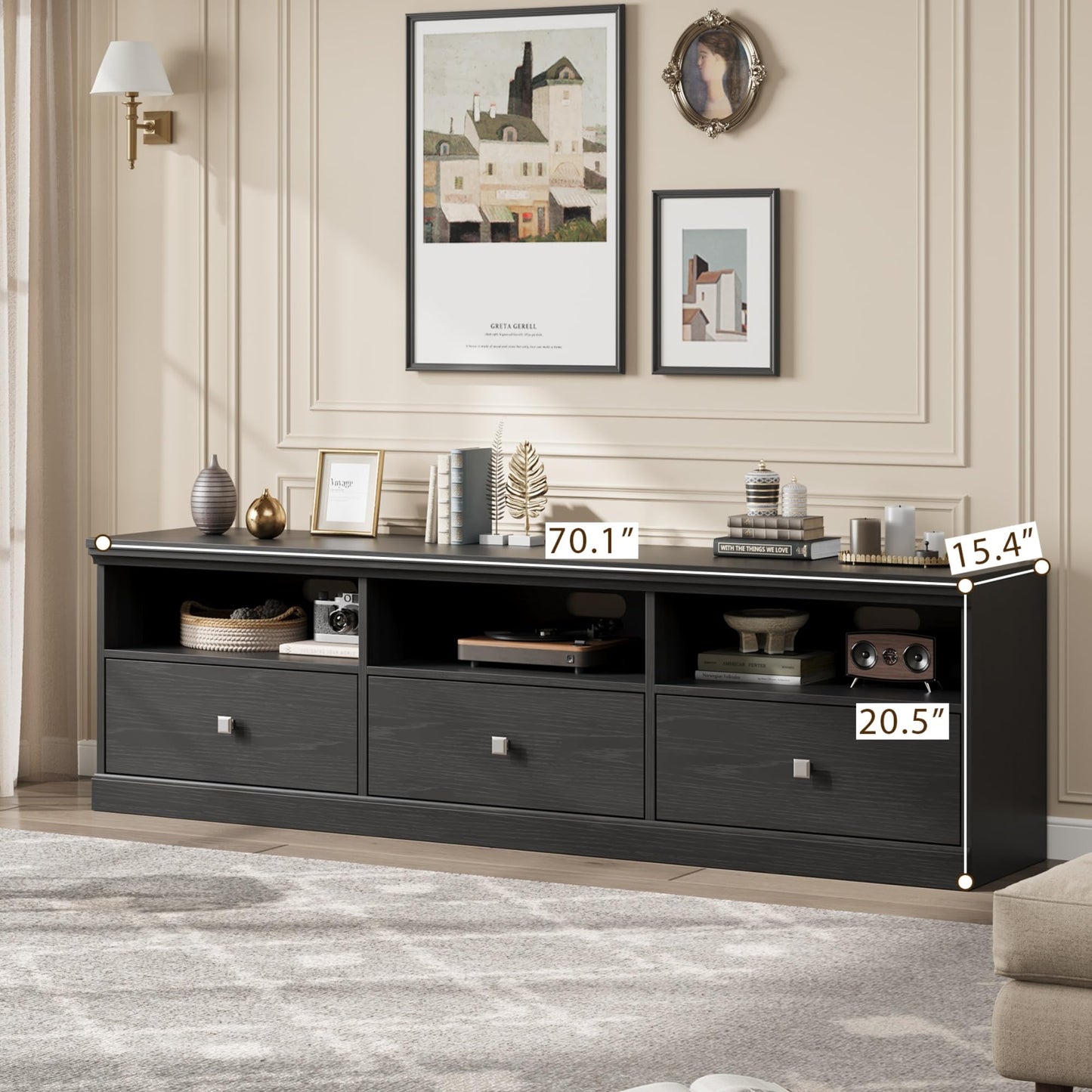 IDEALHOUSE 70in TV Stand for TVs up to 80", Mid Century Modern Entertainment Center with Storage Drawer and Open Shelves, TV Console Media Cabinet for Living Room, Bedroom, Black
