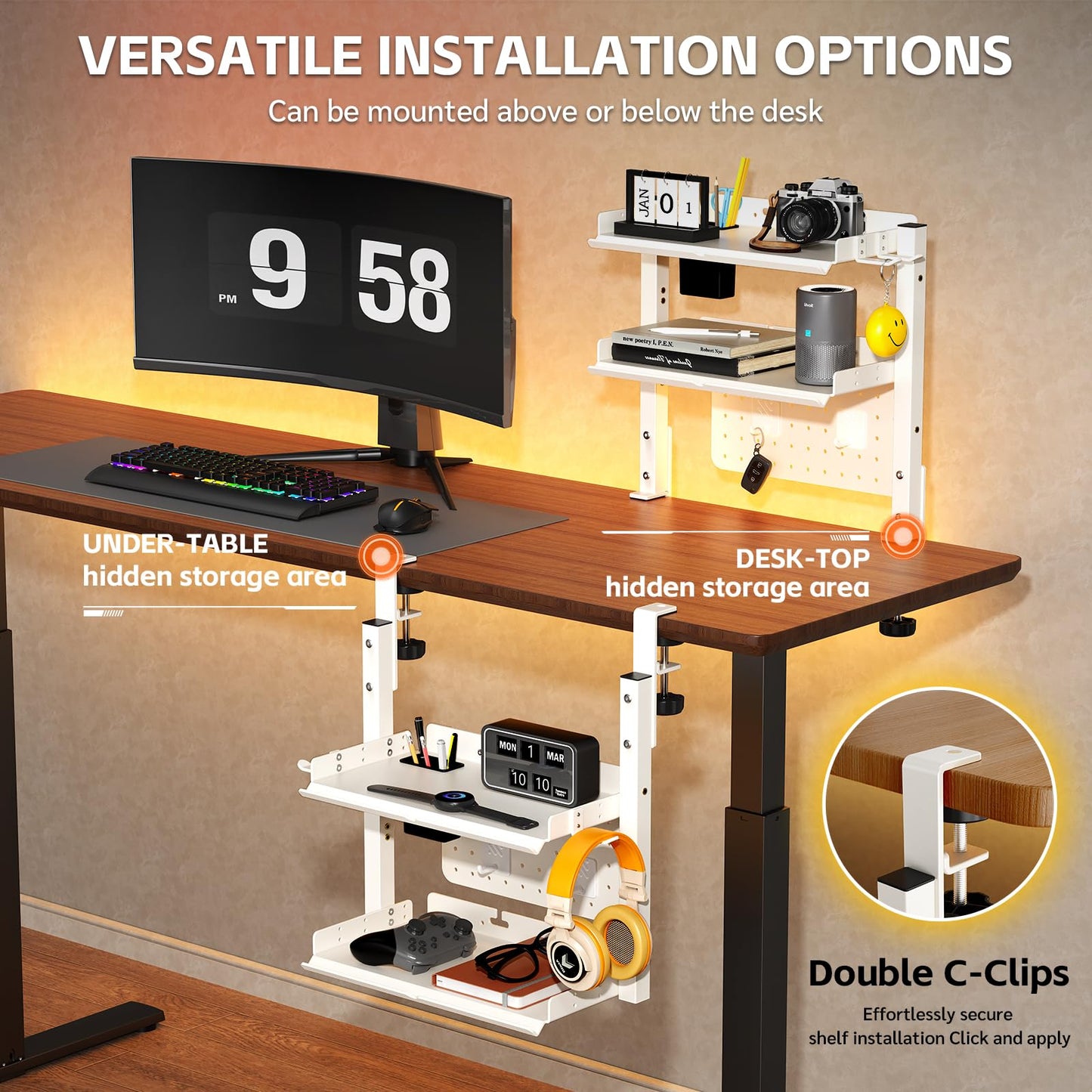 2-Tier Steel Clamp On Desk Shelf, Adjustable 16 inch Desk Storage Shelves with Pegboard and Pencil Holder,Above or Under Heavy Duty Desktop Organizer with Headphone Holder for Desk Accessories (White)