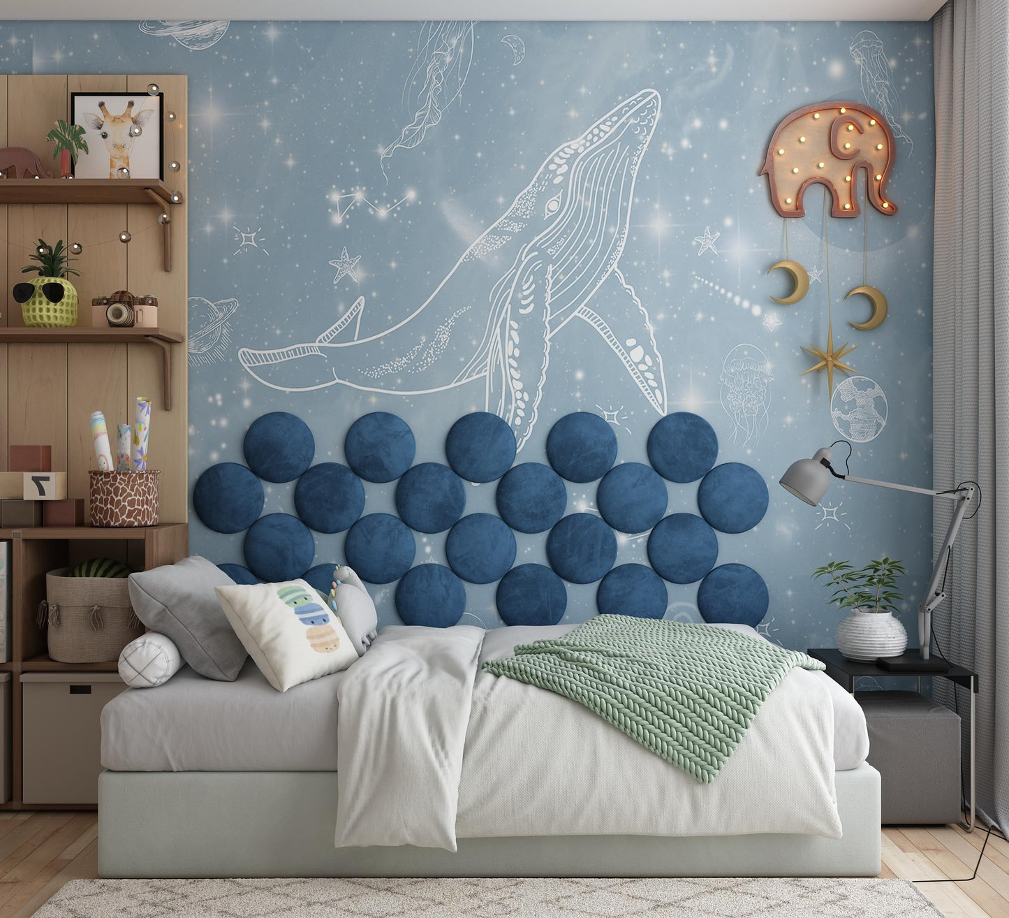 ua acoustics 4-Pack Soft Velour Upholstered Acoustic Wall Panels | Decorative Headboard Panels for Children's Room & Playroom | Cozy Wall Padding & Safety Railing | (Blue, 4X Round (25x25cm))