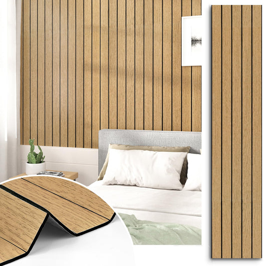 STICKEEP Brown Peel and Stick Wood Panels 3D Textured Acoustic Faux Wood Wall Slat Panel Self Adhesive Soundproof Walnut Wooden Slatted Panel Wallpaper for Bedroom Ceiling Office Studio 11.8"x118"