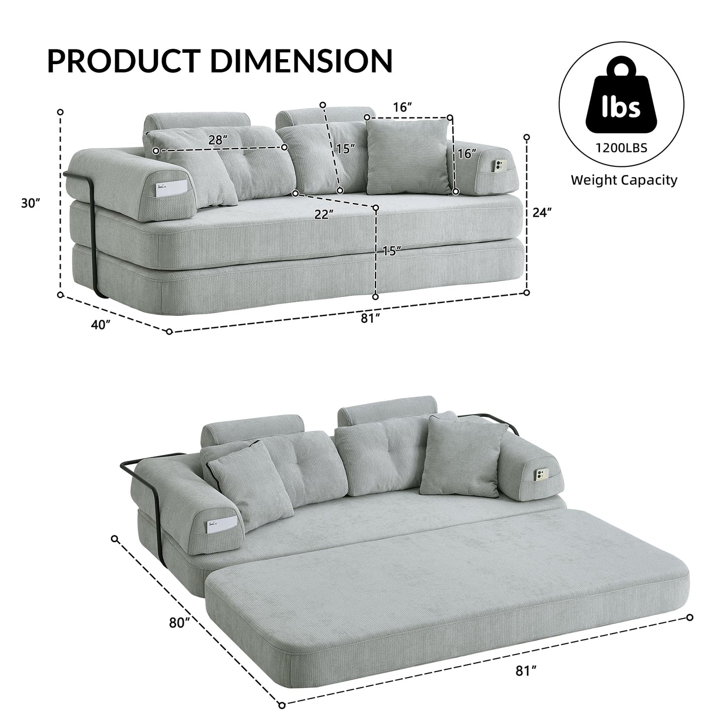 Boneless Floor Sofa, 3-in-1 Convertible Loveseat Sleeper Futon, Modular Small Space Couch Bed with High Headrests & Side Storage Pockets & 2-in-1 Pillow Blanket for Living Room, No Assembly, Bedroom