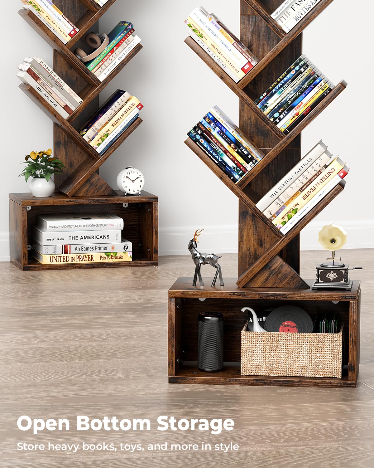 Evermagin 6 Tier Tree Bookshelf with Smart Light, Small Bookcase Tower with Remote Control, Tall Floor Standing Book Organizer for Living Room, Bedroom & Home Office, Rustic Brown