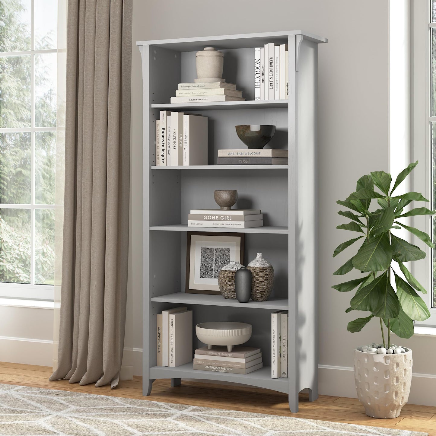 Bush Home Salinas 5 Shelf Bookcase in Cape Cod Gray, Tall Bookshelf, Large Book Shelf for Living Room, Home Office, or Entryway