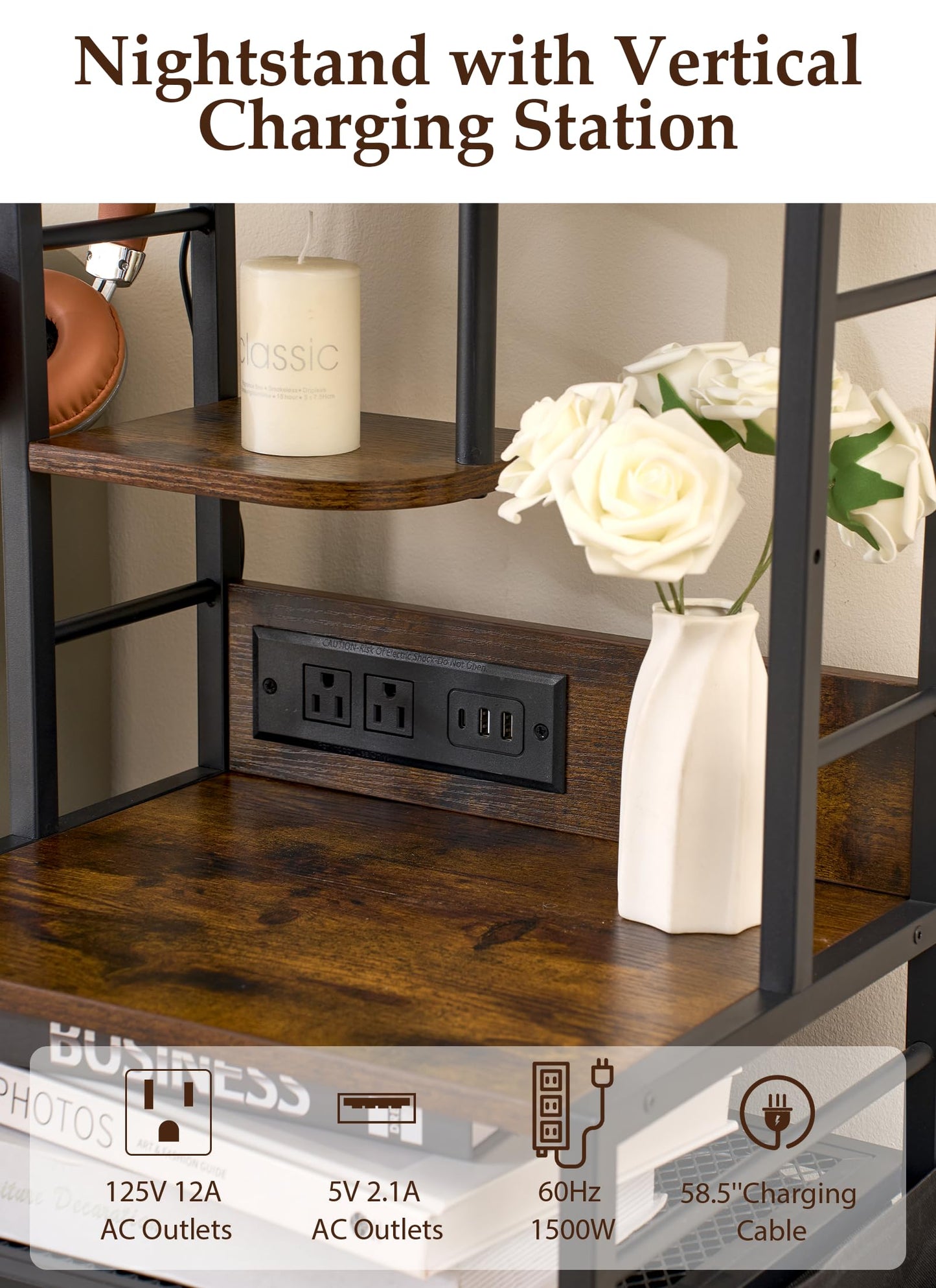 Baoz 57" Tall Nightstand Set of 2 with Charing Station & 5 Drawers, Brown
