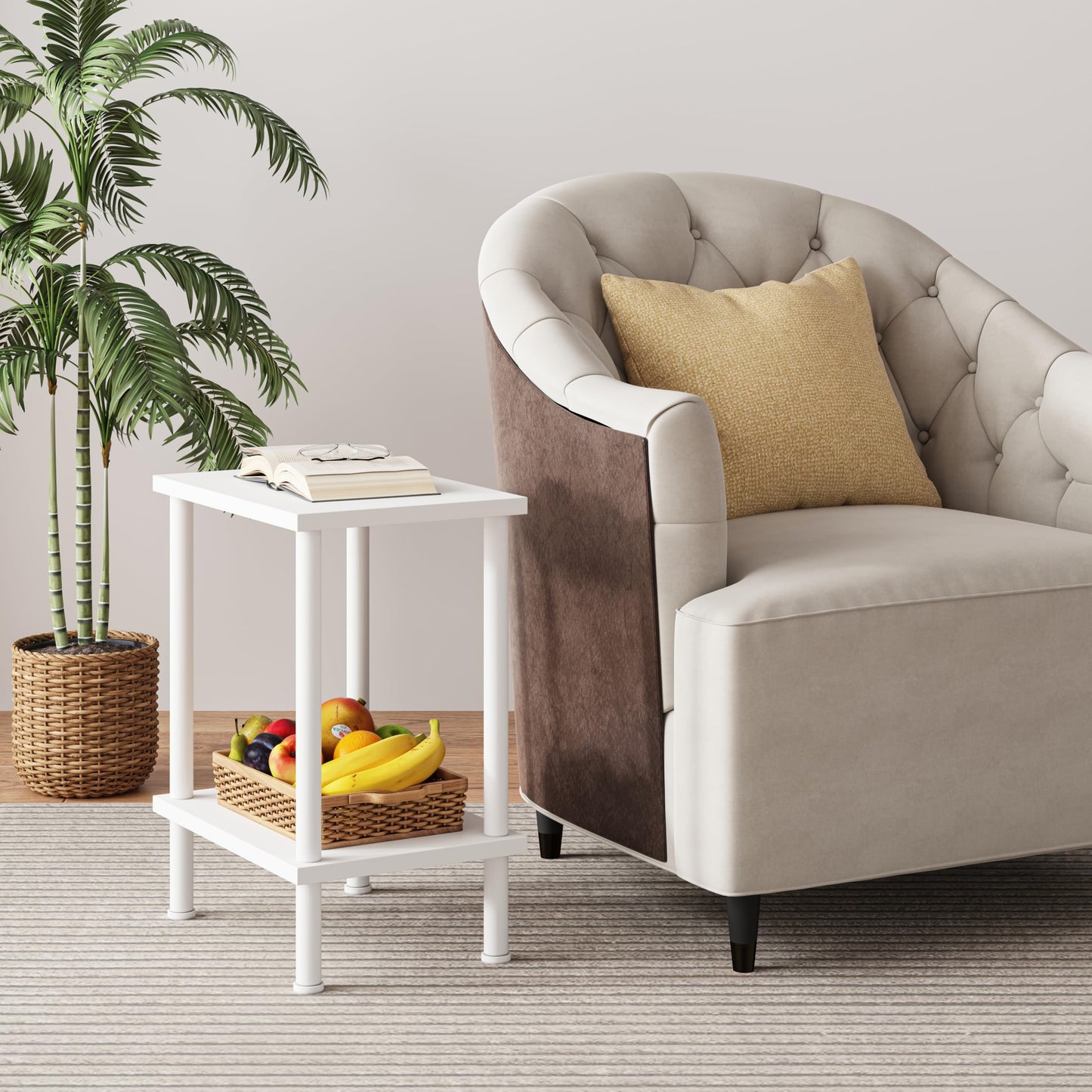 VIMBER End Table, Set of 2 Side Table with Metal Legs, Small Nightstands with 2-Tier Storage Shelves, Tiny Sofa Table for Small Space, Coach Table for Living Room Bedroom, White UTBT104W2