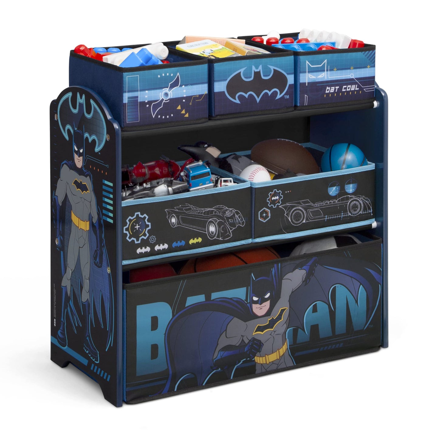 Delta Children Batman Cozee Flip-Out Sofa - 2-in-1 Convertible Sofa to Lounger for Kids Design & Store 6 Bin Toy Storage Organizer, Batman,Engineered Wood