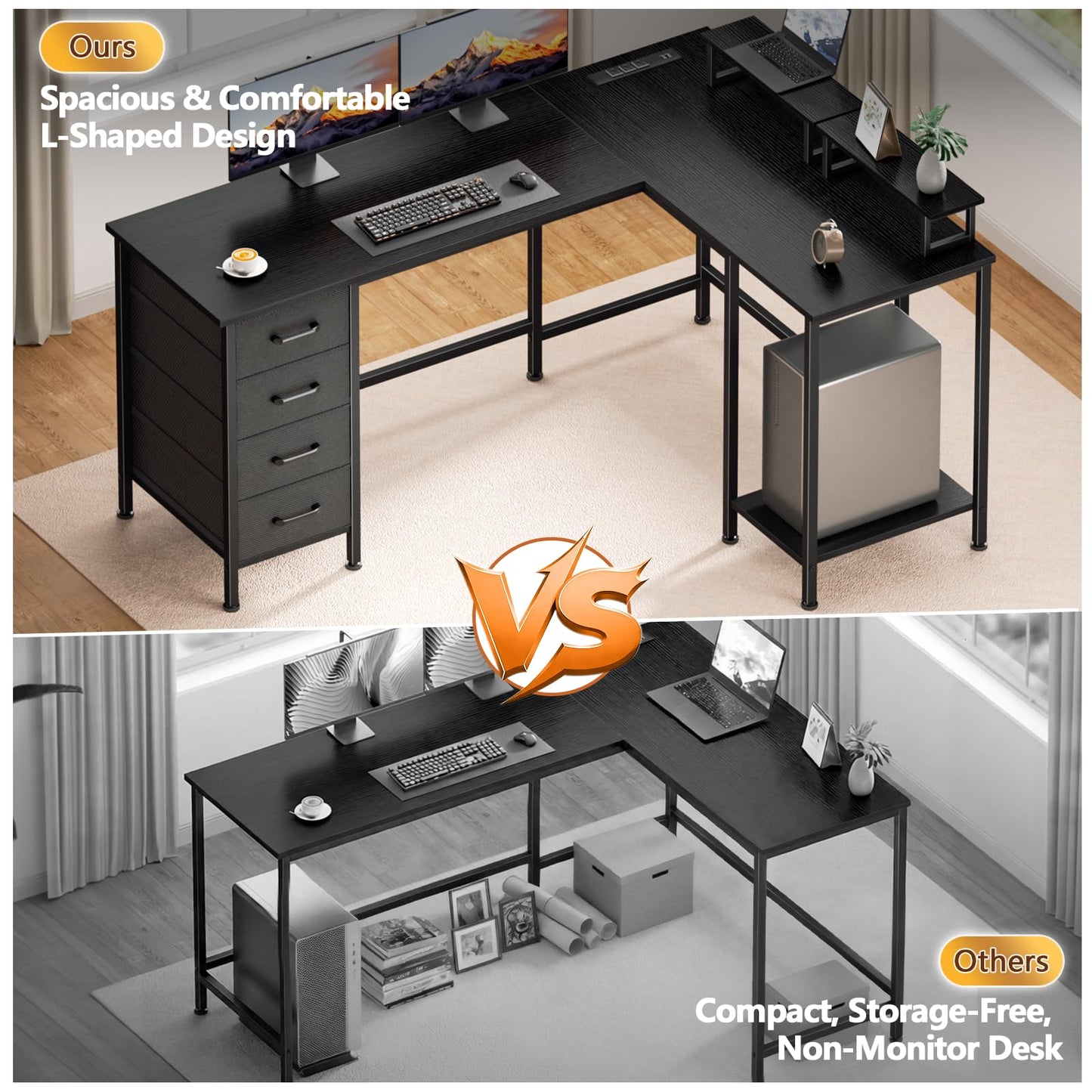 Korfile 59 inch L Shaped Computer Desk with Power Outlets, Home Office Desk with 4 Adjustable Storage Drawers & 2 Monitor Stands, Two Person Gaming Table for Bedroom, Black