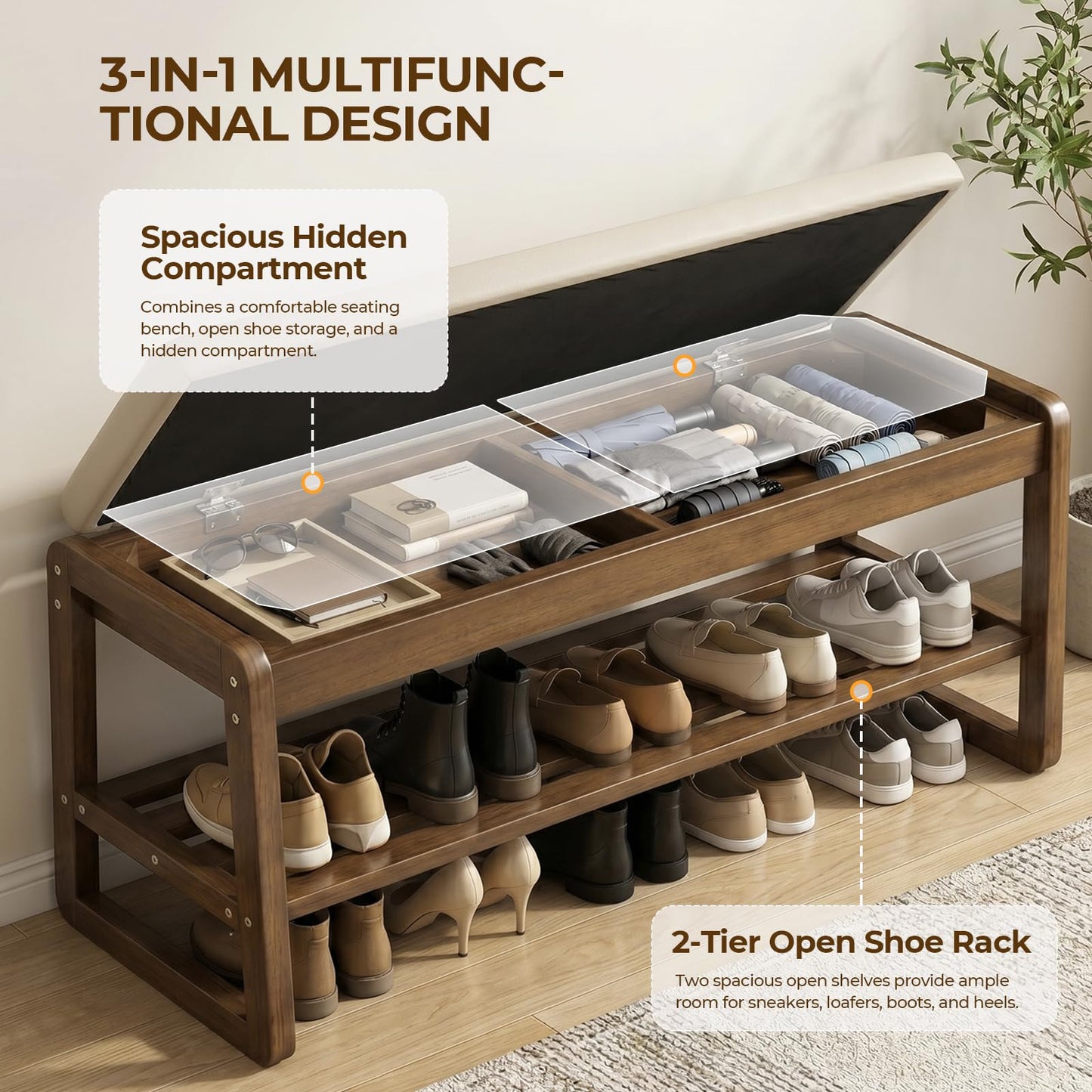 Moutosne Shoe Rack Bench with Cushion, 2-Tier Entryway Bench with Storage for Front Entrance, Hallway Living Room Bedroom (Walnut, 31.5")