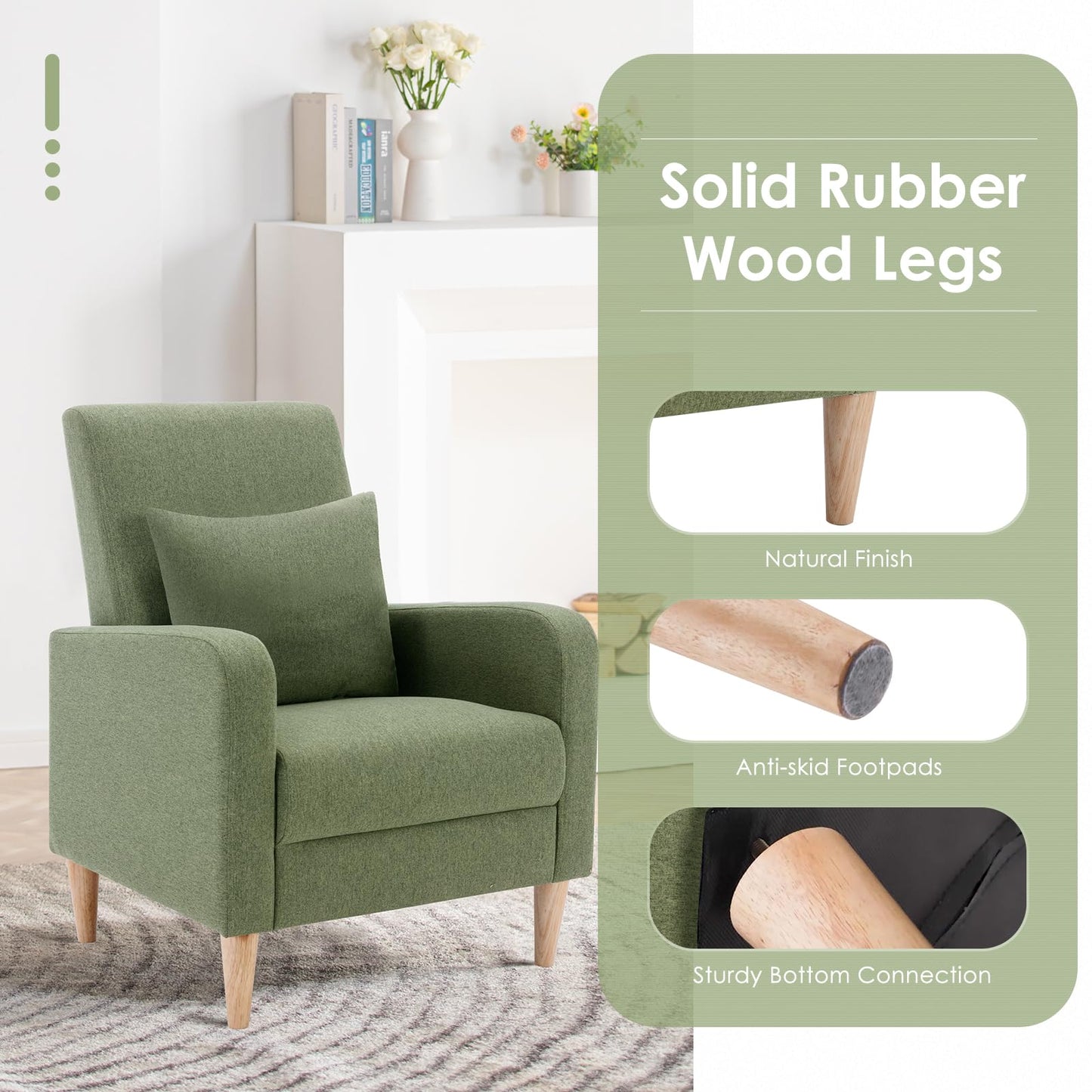 COLAMY Modern Upholstered Accent Chair Armchair with Pillow, Fabric Reading Living Room Side Chair,Single Sofa with Lounge Seat and Wood Legs, Green