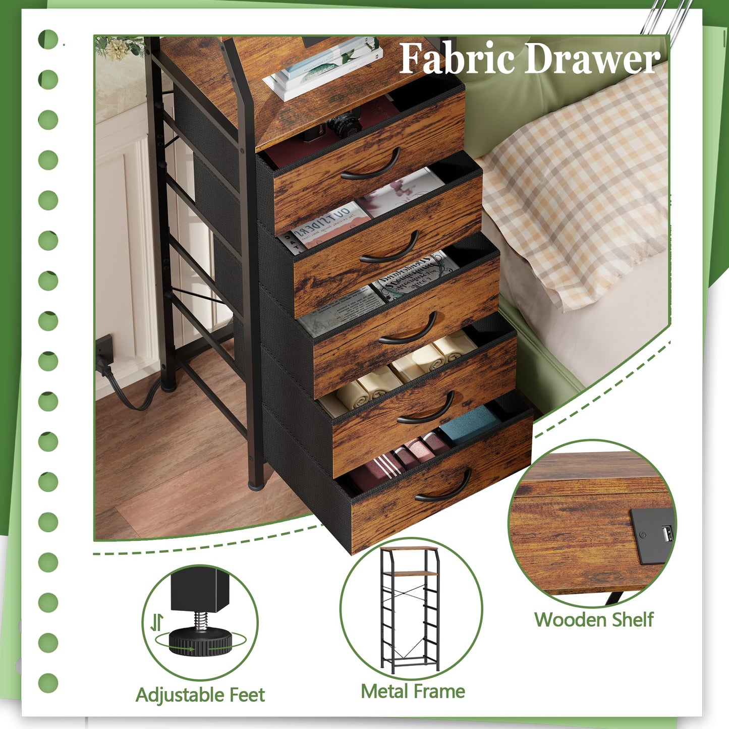 Furnulem 5 Drawers Dresser with Charging Station, Tall Night Stand with Storage Shelf, Fabric Chest of Drawers, Bedside Table for Closet, Entryway, Bedroom Furniture, 3 Ways to Use, Rustic Brown
