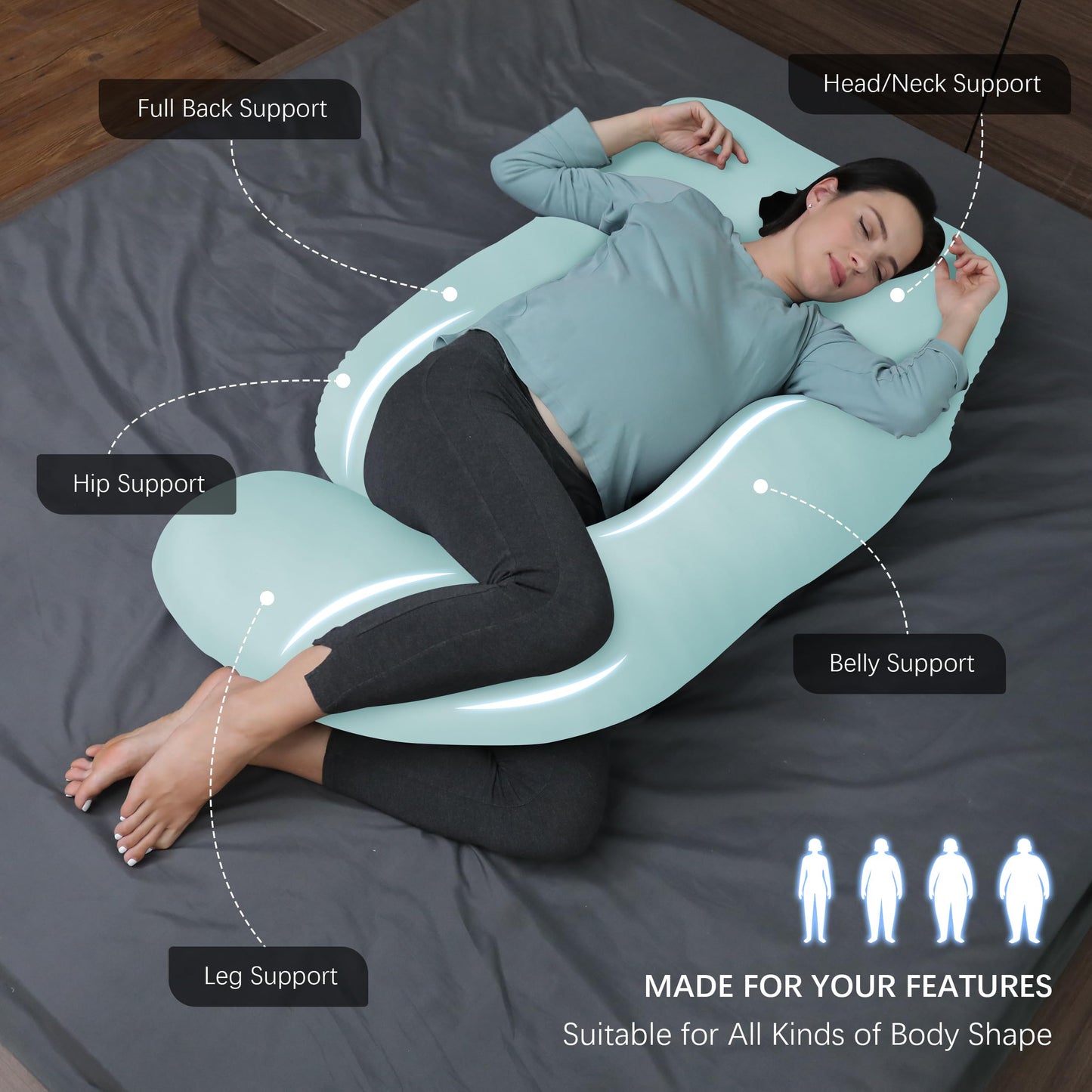 MOON PARK Pregnancy Pillows for Sleeping - U Shaped Full Body Maternity Pillow with Removable Cover - Support for Back, Legs, Belly, Hips - 57 Inch - Ice Blue - Cooling Cover