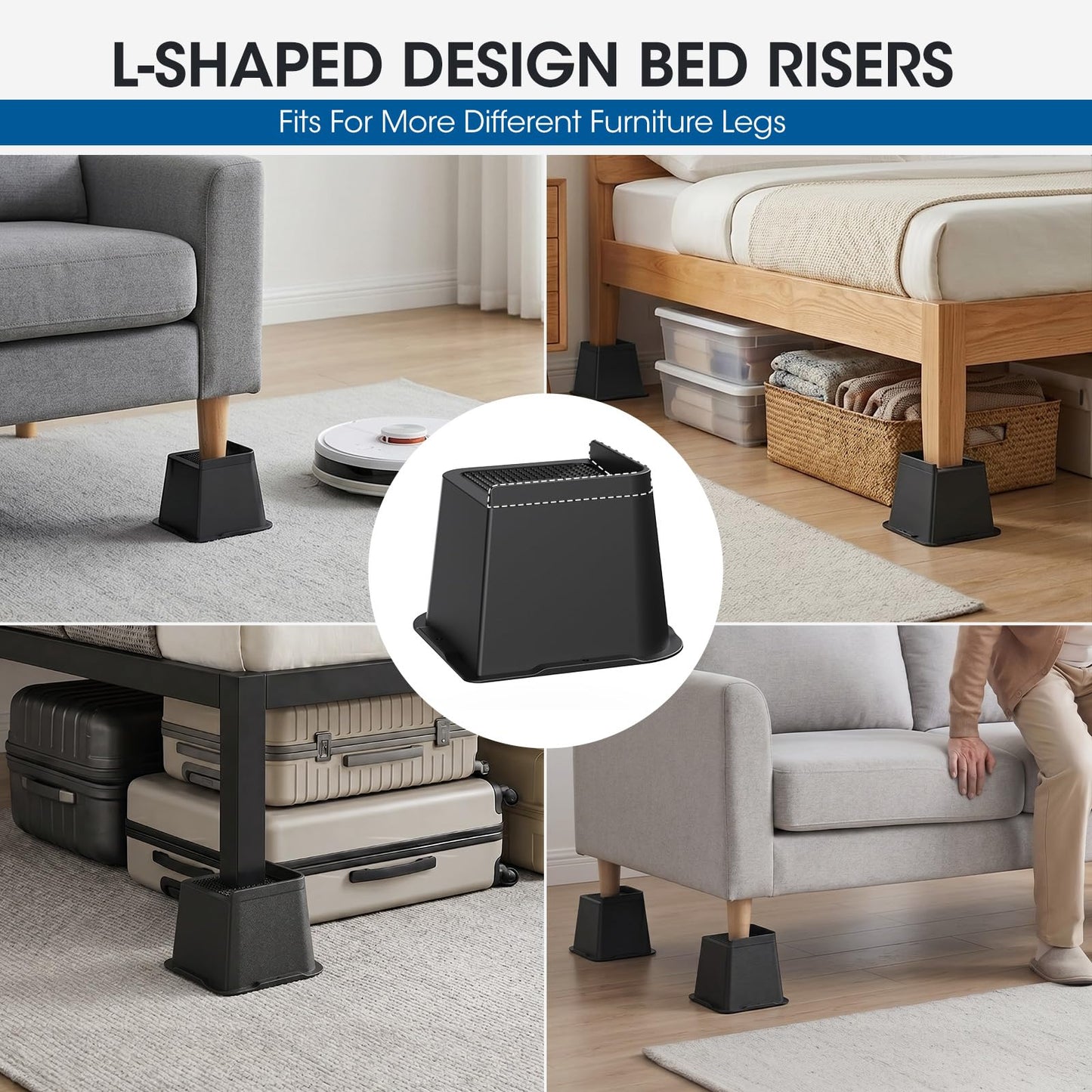 MXMZHXU Bed Risers 2 inch, 3 inch, 4 inch, 6 inch or 8 inch Heavy Duty Furniture Risers, Up to 6000 Lbs L Shaped Design Bed Lifts Blocks for Couch Desk Sofa Table (Black, 4 Inch 8 Pack)