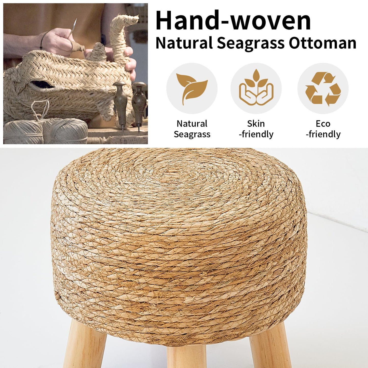 ALeesing Round Ottoman Natural Seagrass Footstool, Round Footstool with 4 Wood Legs, Hand Woven Round Footstool Sofa Stool, Multifunctional Modern Dressing Stool, Sofa Side Table for Bedroom (Nature)