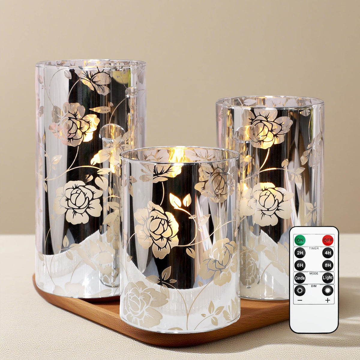 Floral Glass Flameless Candles Rose Romantic Battery Operated Candles with Remote Flickering LED Silver Real Wax Pillar Candle for Valentine's Day Wedding Party Home Christmas Decor, Set of 3