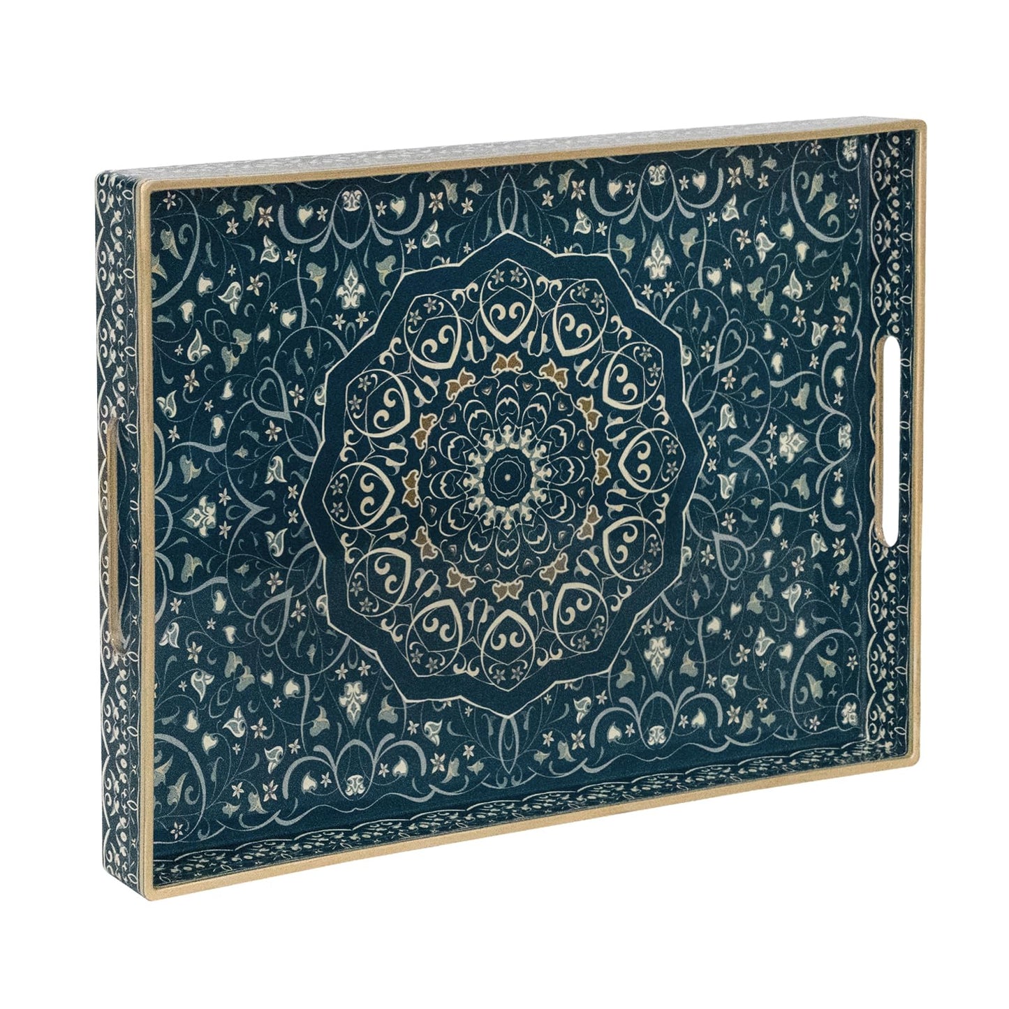 MAONAME Serving Tray with Handles, Plastic Rectangular Tray for Coffee Table, Dark Blue Boho Decorative Trays for Ottoman, Living Room, 15.8" Lx 11.8" W X 1.6" H