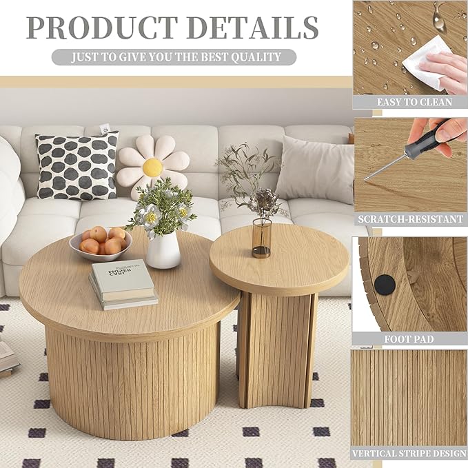 Mxtxmy Set of 2 Nesting Coffee Tables Farmhouse, Round Coffee Table Living Room