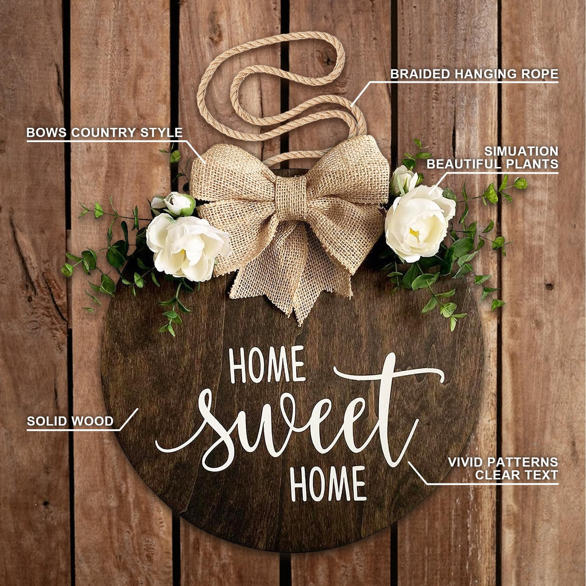 Home Sweet Home Farmhouse Welcome Sign, Round Wood Hanging Door Decor with Ribbon Bow and Faux Greenery, Rustic Porch Wreath for Thanksgiving, Christmas, Brown Front Door Hanger