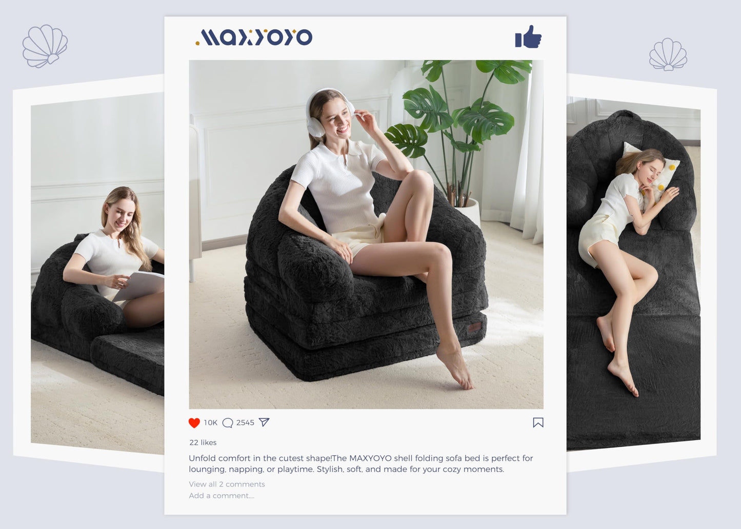 MAXYOYO Folding Sofa Bed, 2 in 1 Convertible Sofa to Lounger Comfy Single Bean Bag Chair for Adults, Floor Couch with Handle, Faux Fur Couch Bed for Living Room Bedroom, Black